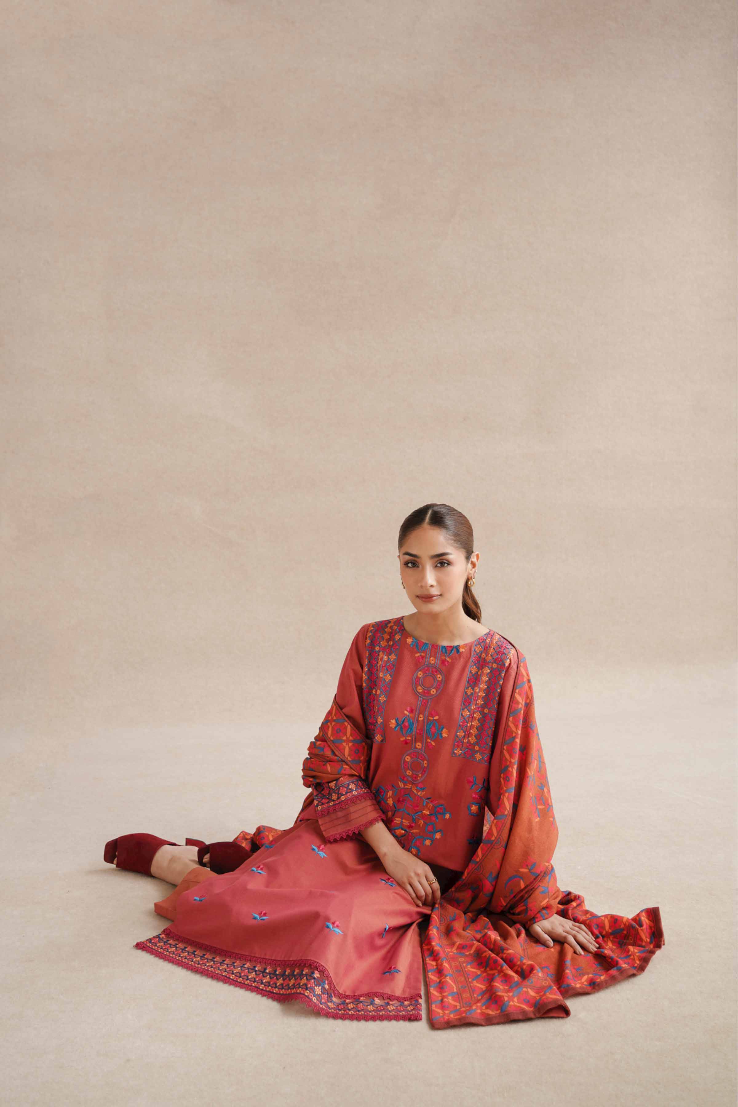NishatUK - Red Embroidered  Yarn Dyed 3-piece unstitched Suit