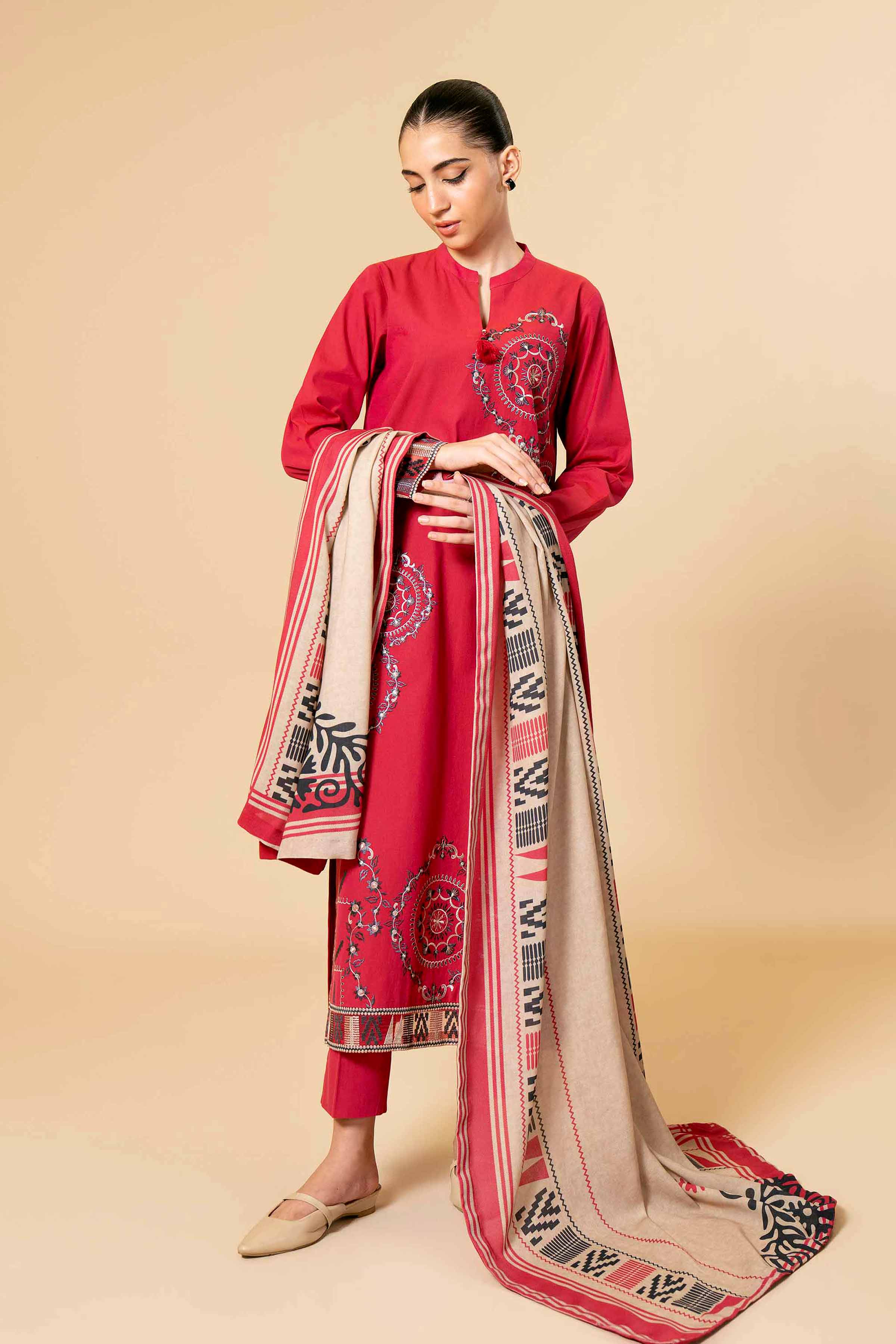 NishatUK - Pink Embroidered  Yarn Dyed 3-piece unstitched Suit