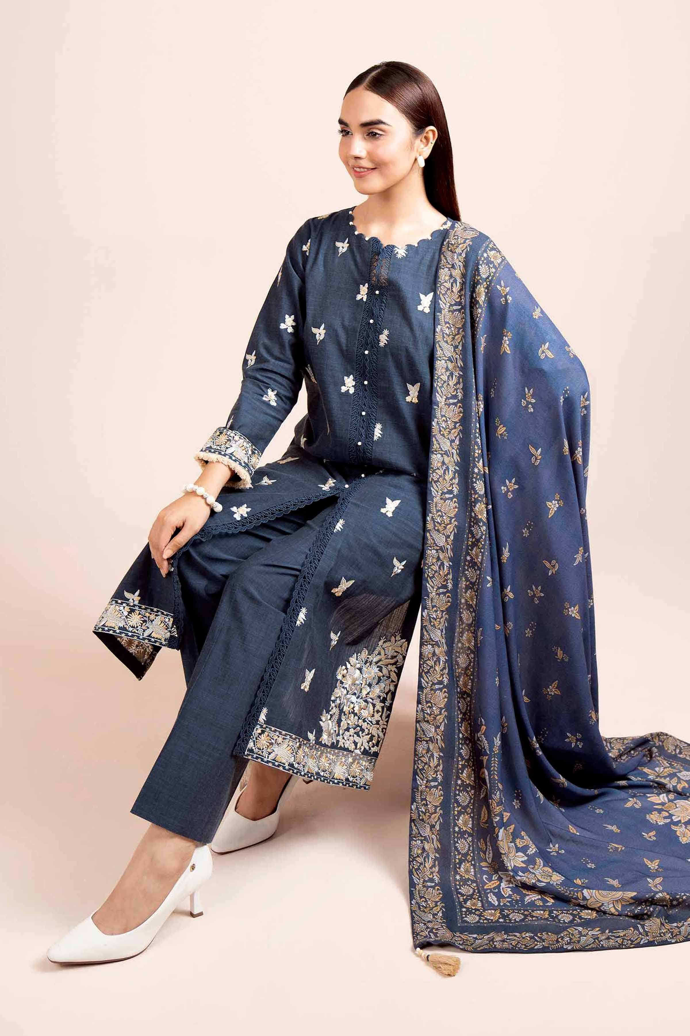 NishatUK - Blue Embroidered  Yarn Dyed 3-piece unstitched Suit