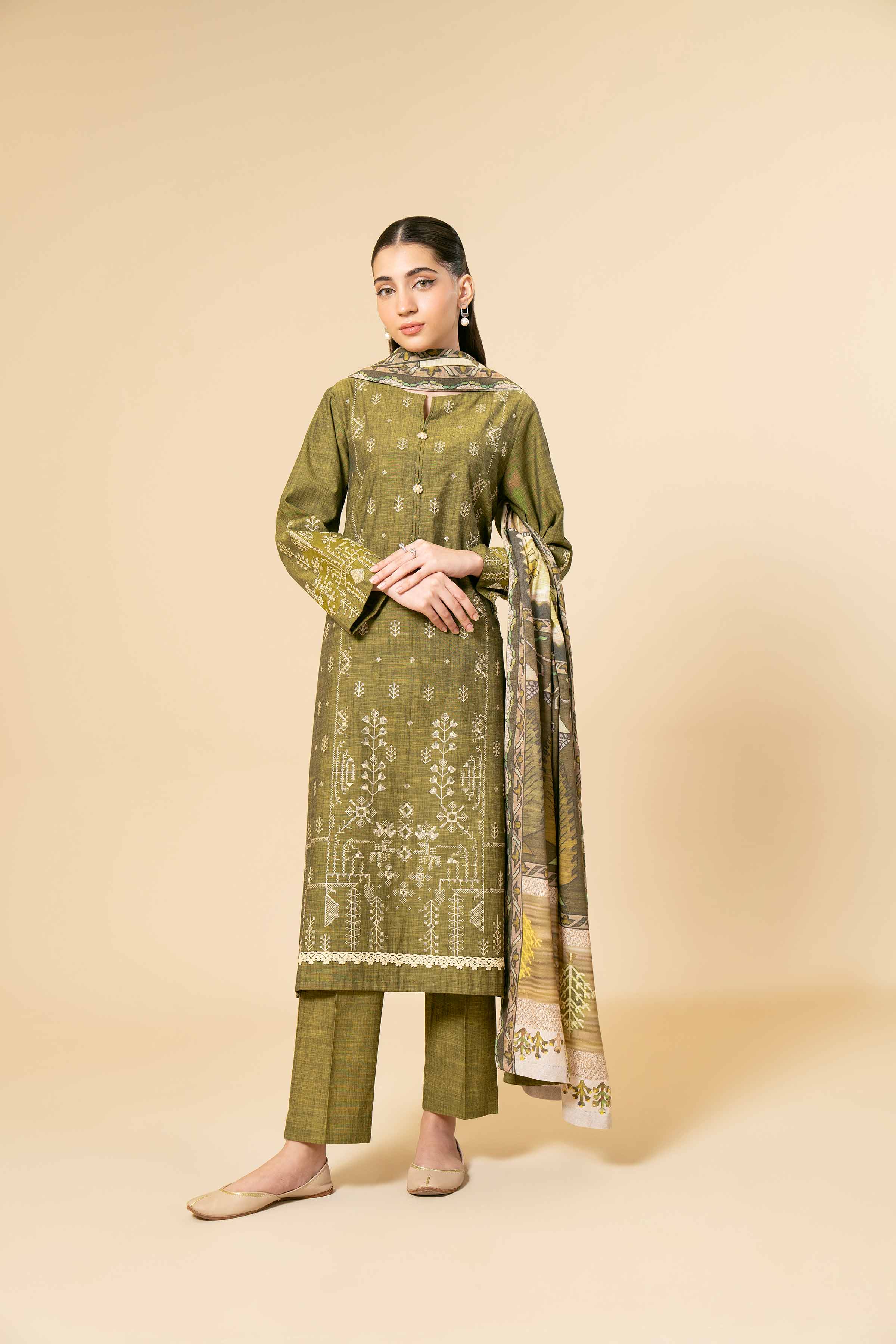 NishatUK - Green Embroidered  Yarn Dyed 3-piece unstitched Suit