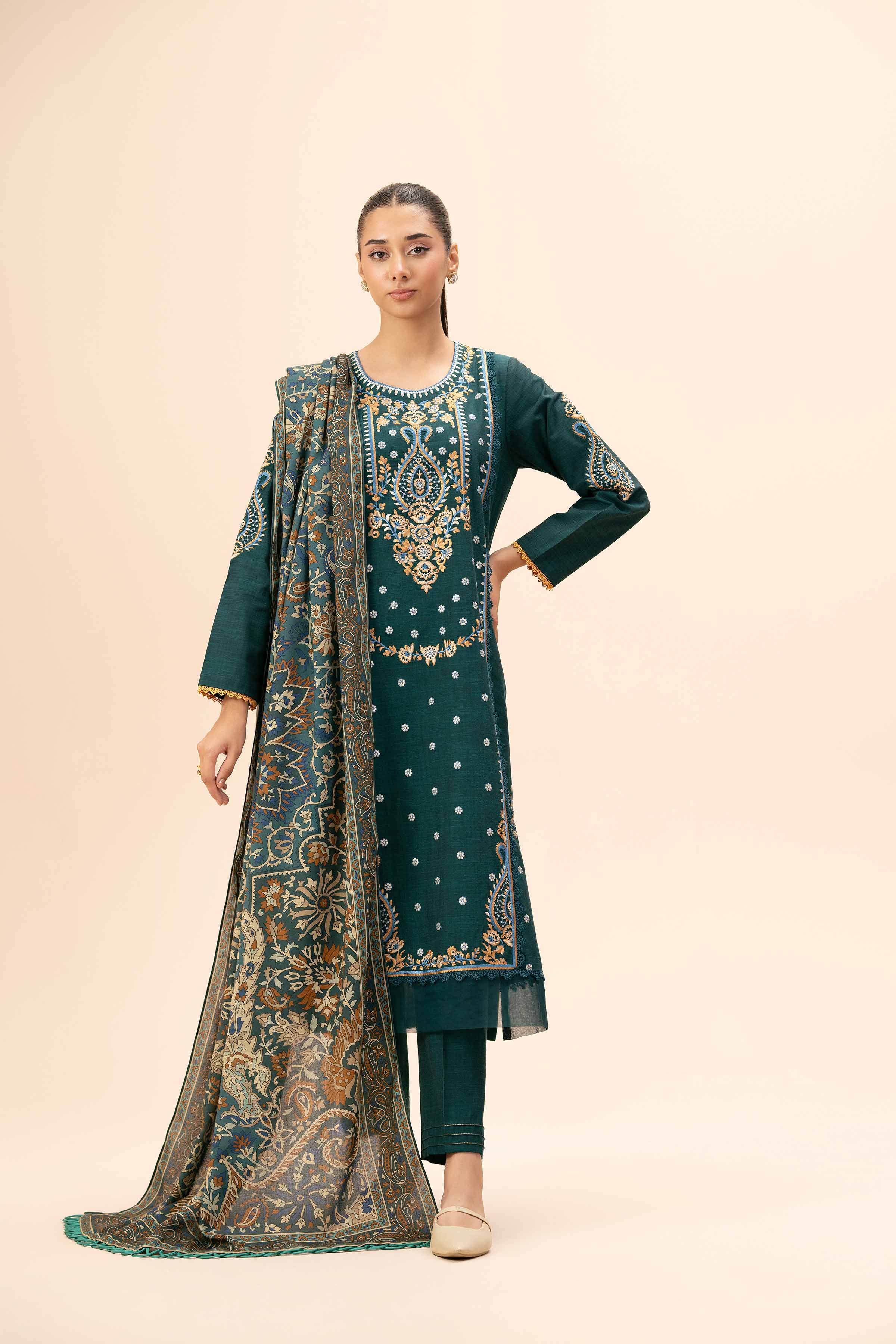 NishatUK - Teal Embroidered  Yarn Dyed 3-piece unstitched Suit