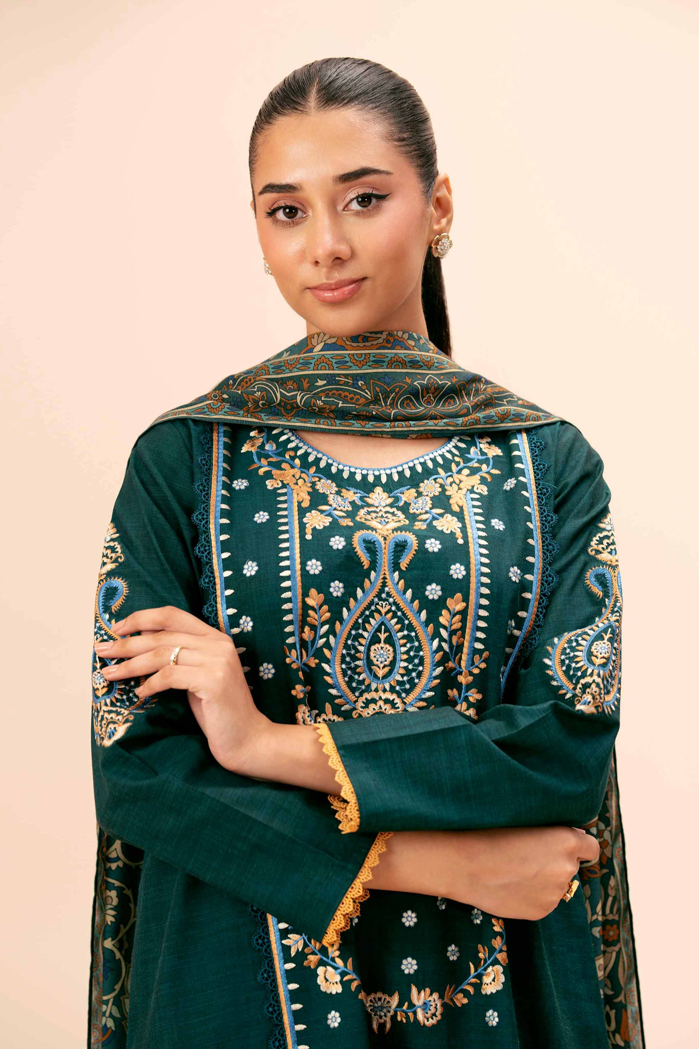 NishatUK - Teal Embroidered  Yarn Dyed 3-piece unstitched Suit