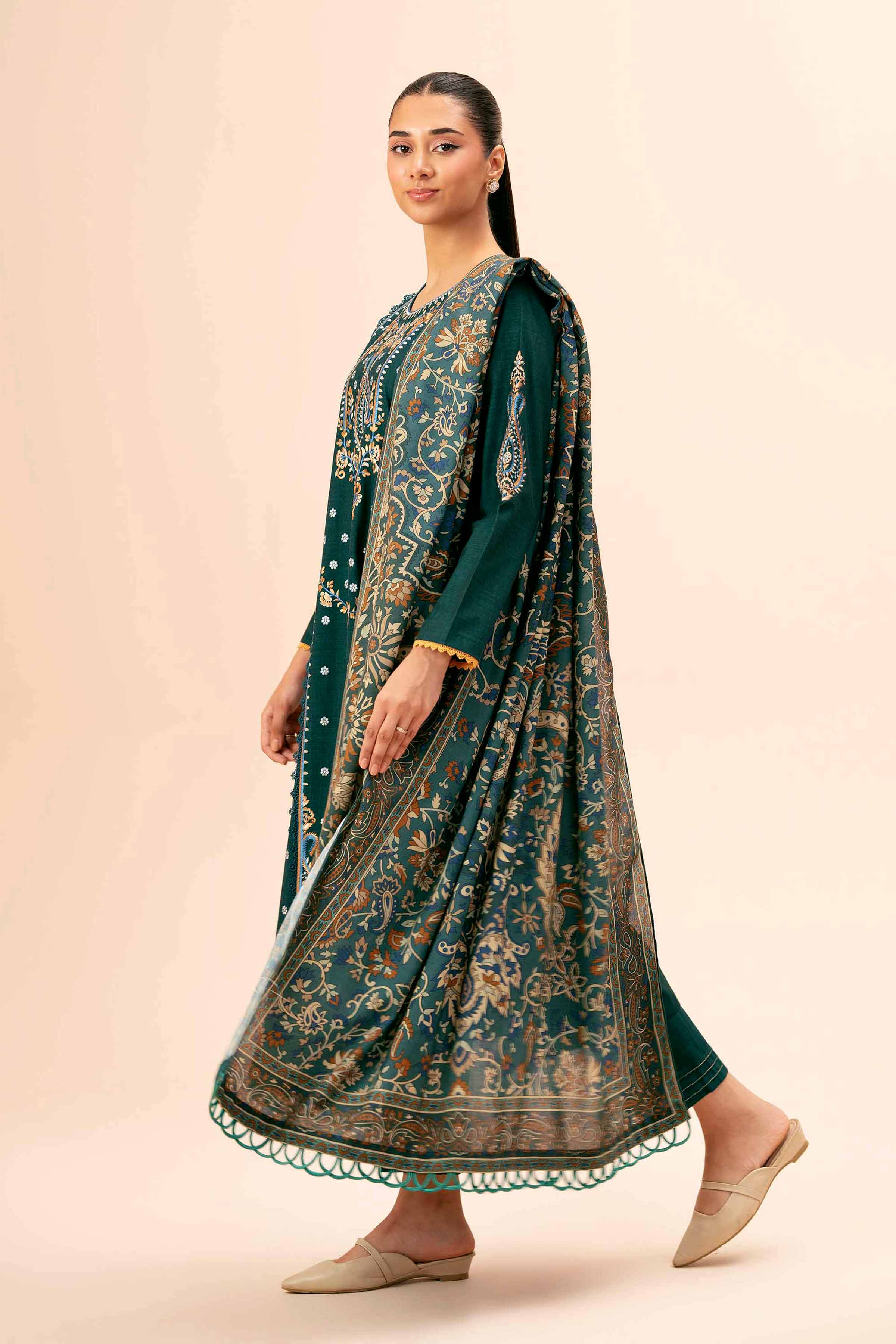 NishatUK - Teal Embroidered  Yarn Dyed 3-piece unstitched Suit
