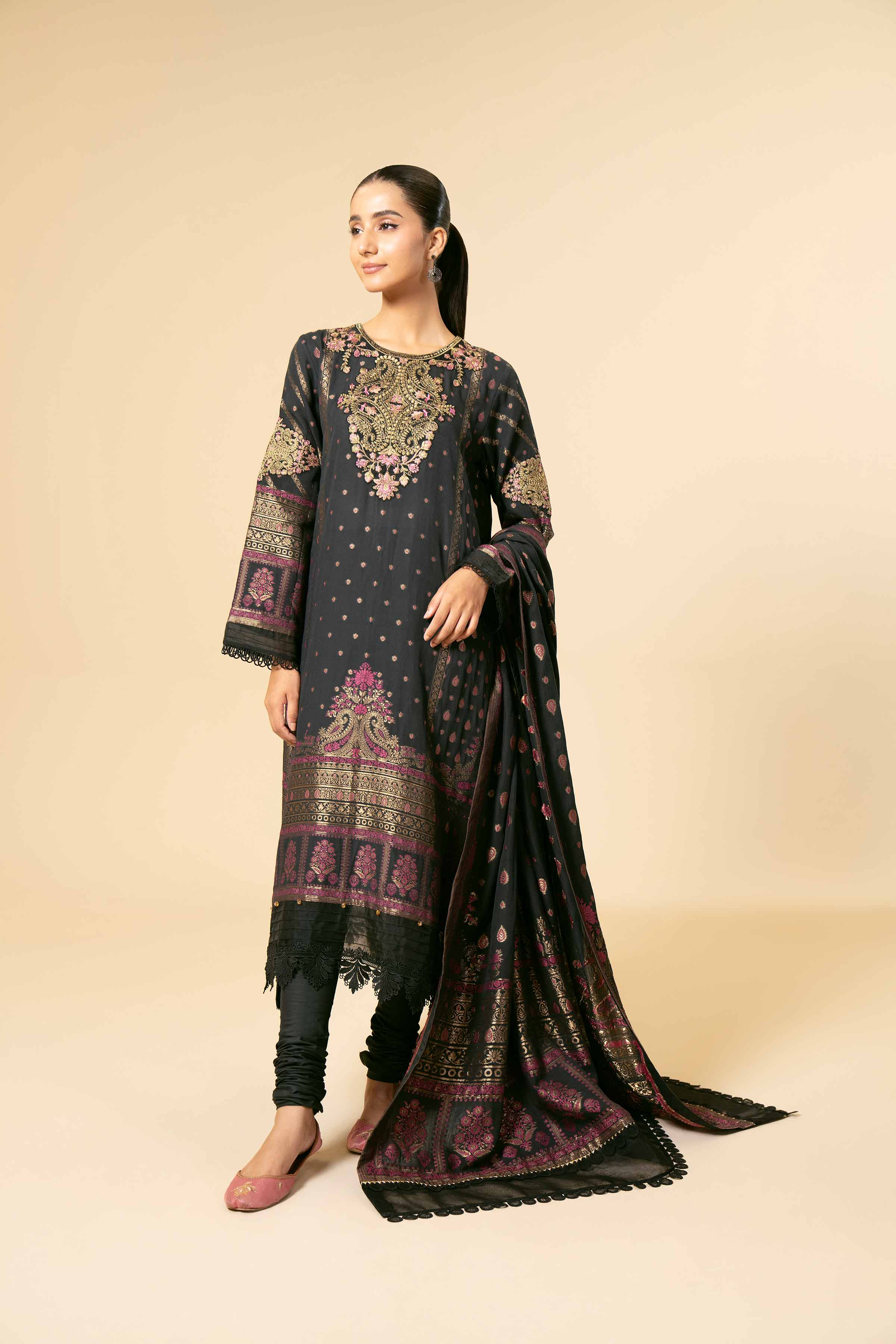 NishatUK - Black Embroidered  Jacquard 3-piece unstitched Suit