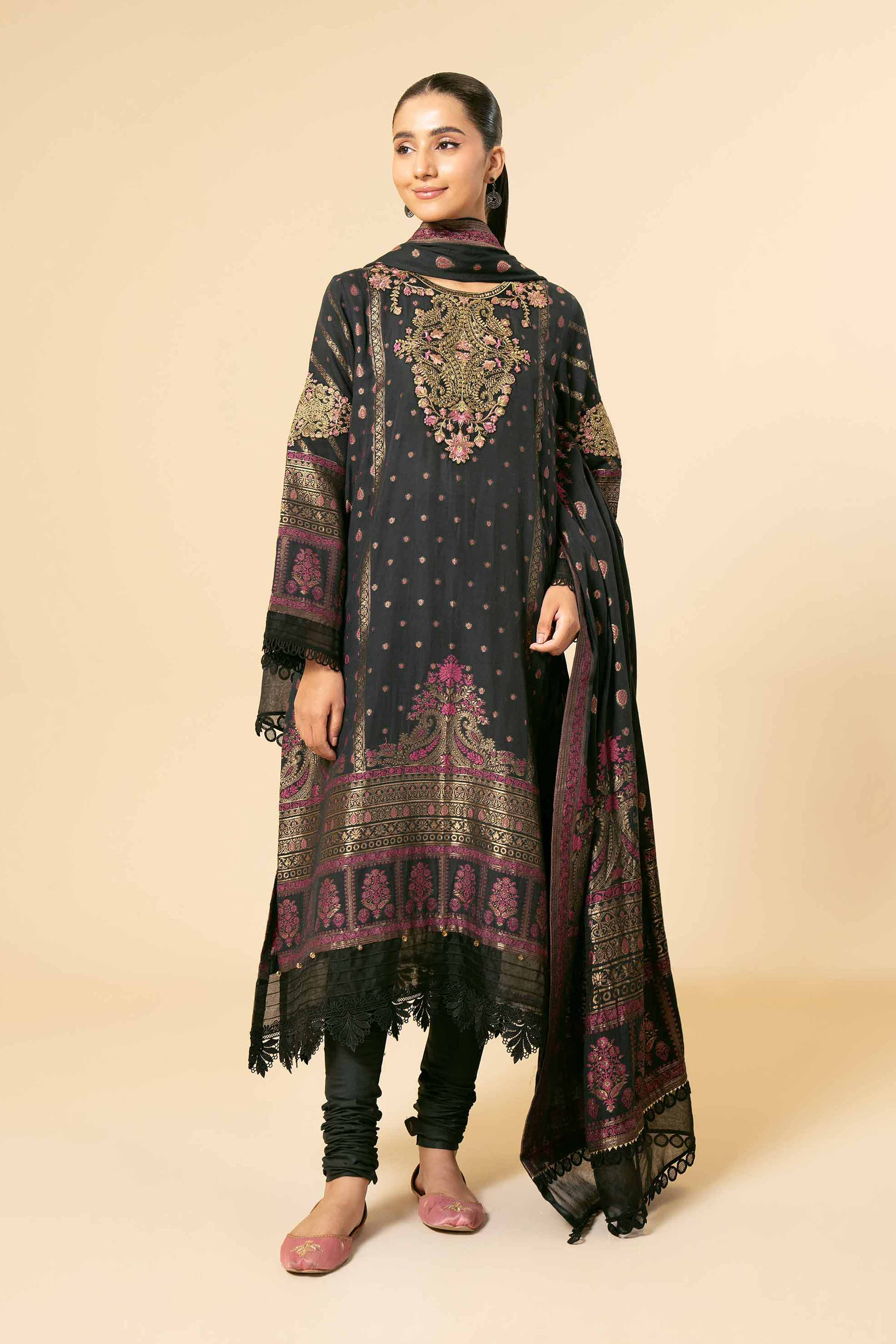 NishatUK - Black Embroidered  Jacquard 3-piece unstitched Suit