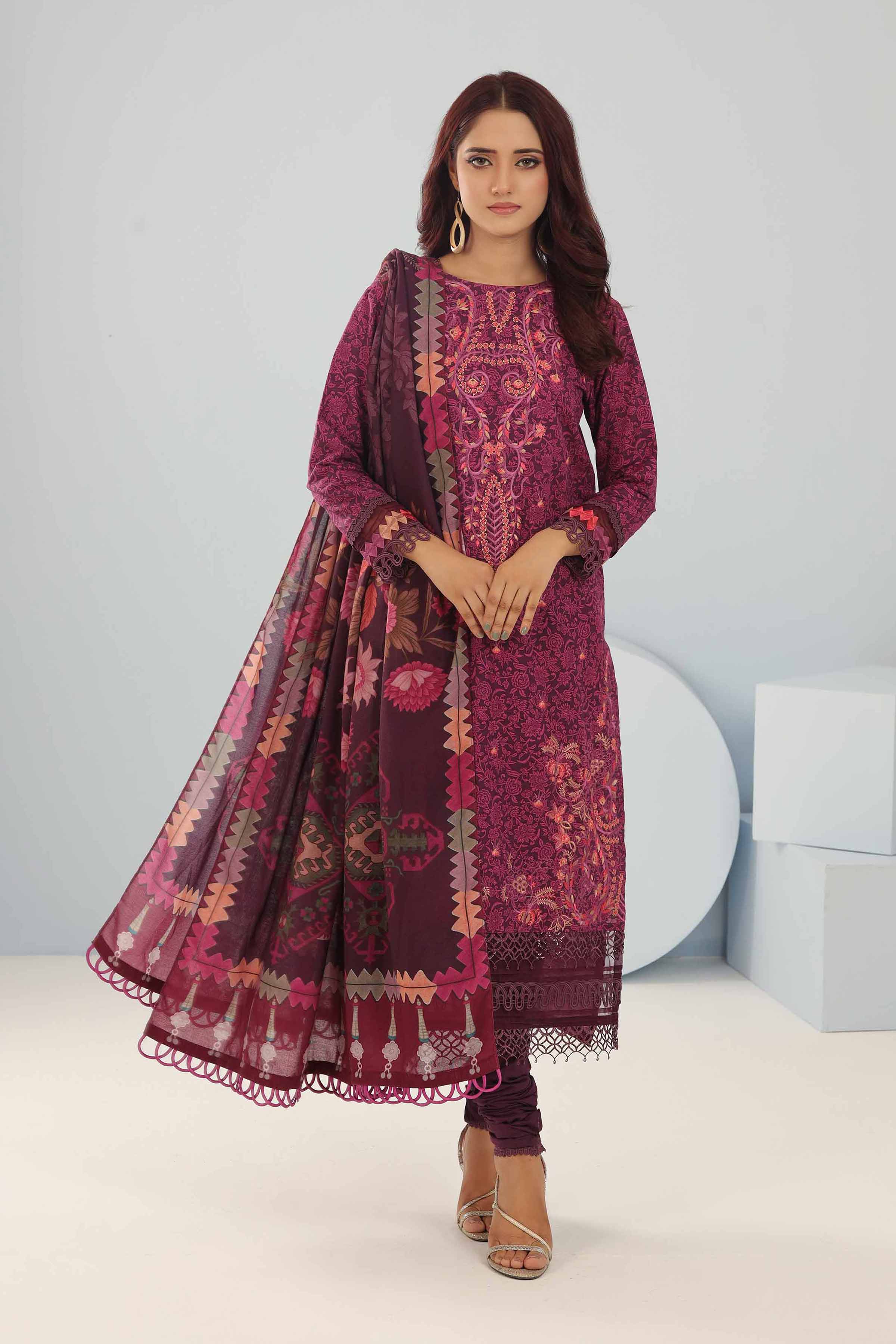 NishatUK - Magenta Embroidered  Cotton 3-piece unstitched Suit