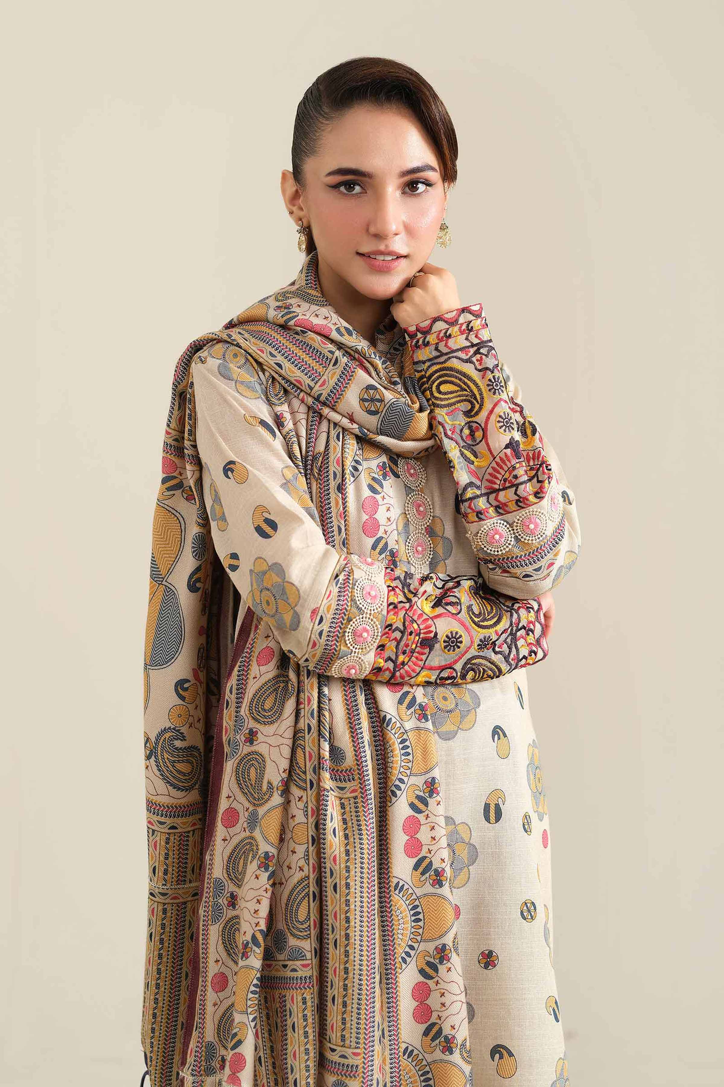 NishatUK - Beige Embroidered  Khaddar 2-piece unstitched Dress