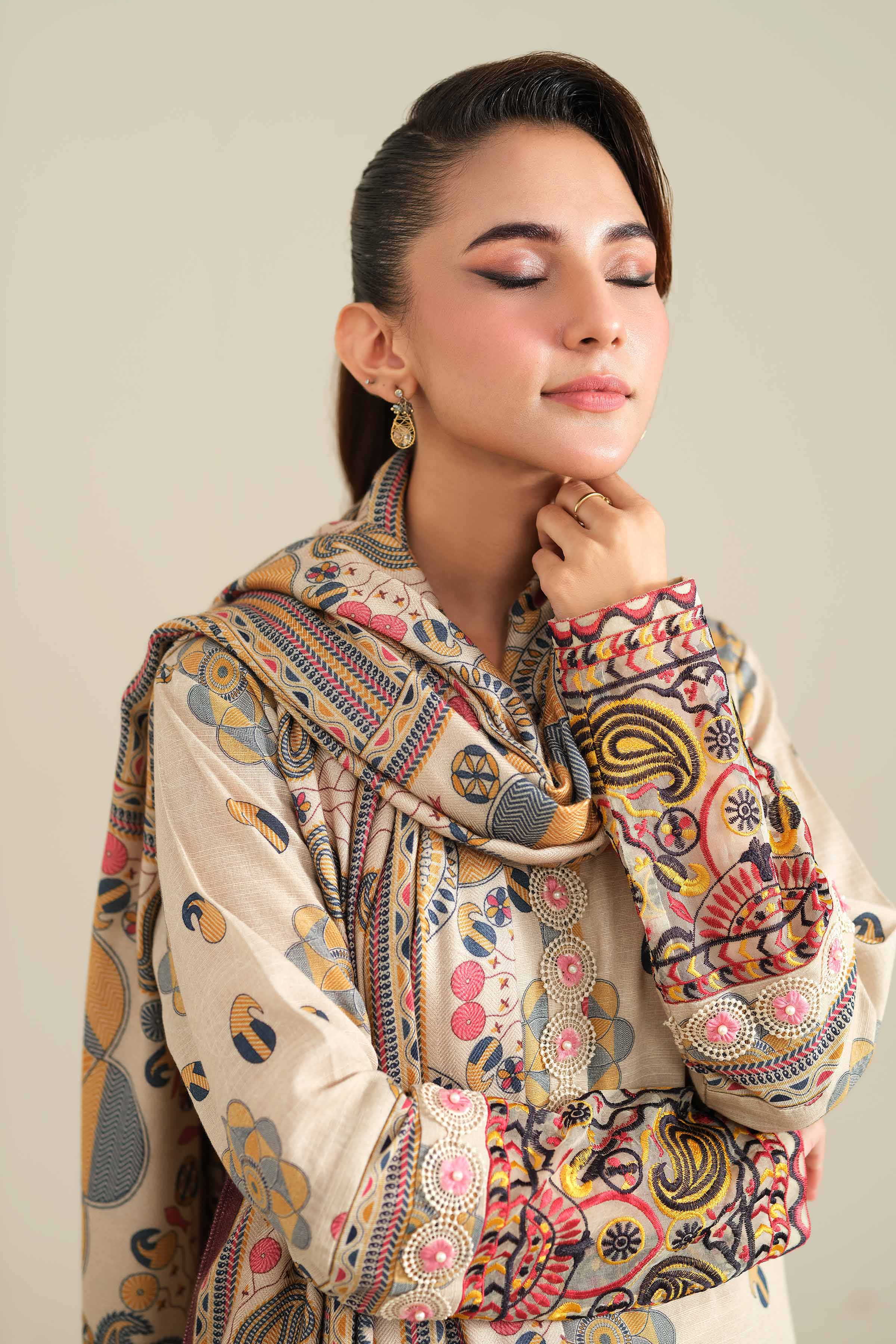 NishatUK - Beige Embroidered  Khaddar 2-piece unstitched Dress