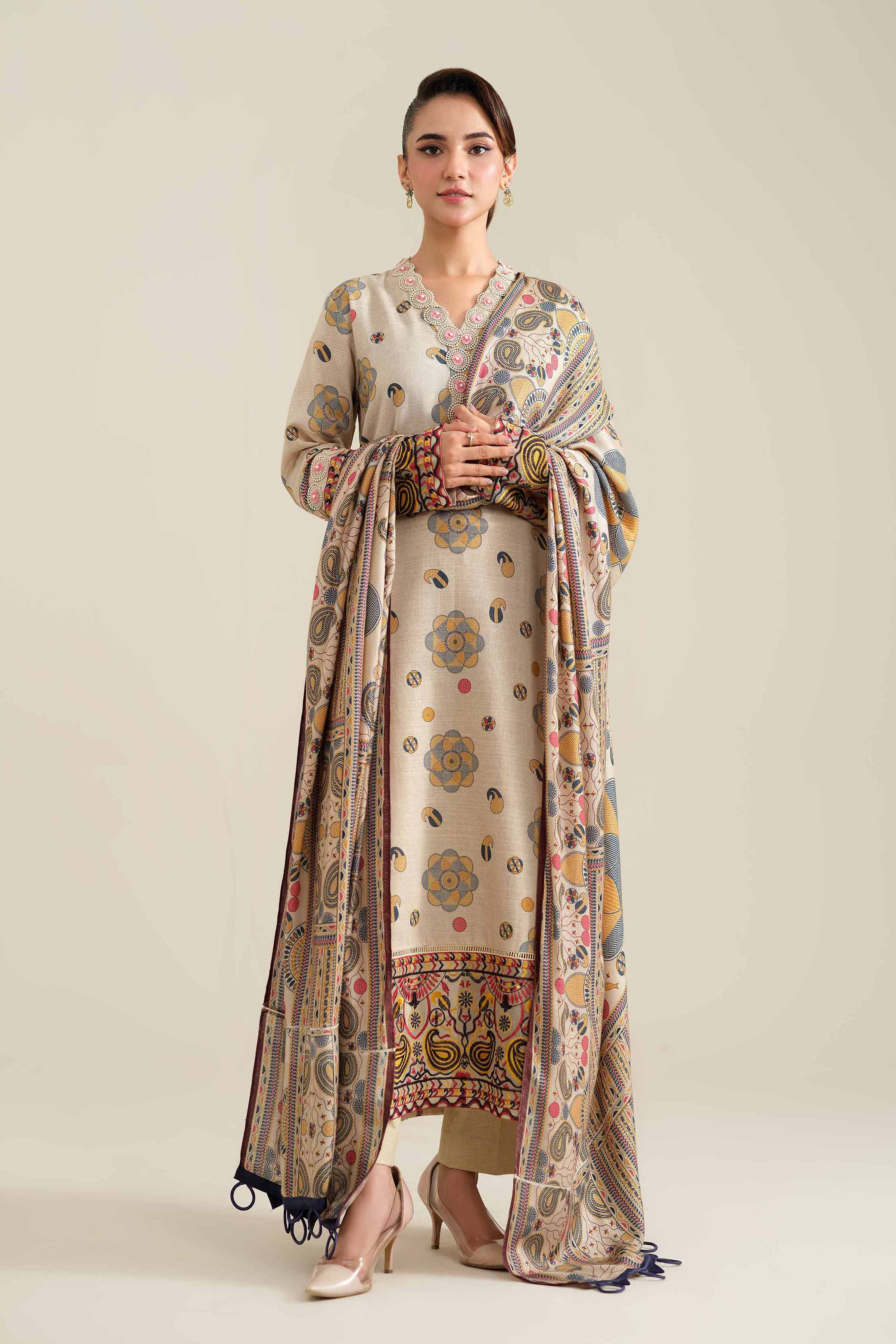 NishatUK - Beige Embroidered  Khaddar 2-piece unstitched Dress