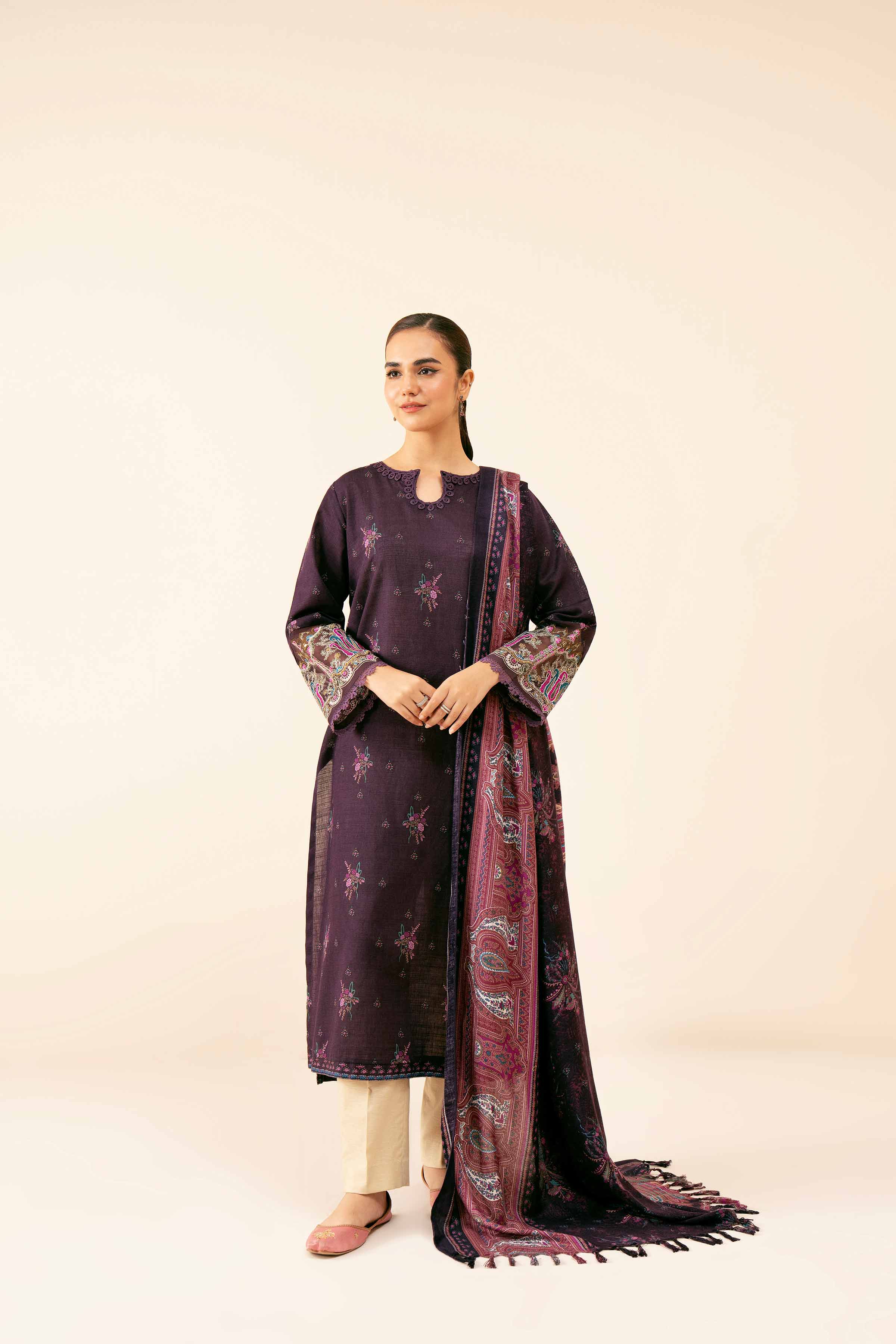 NishatUK - Plum Embroidered  Khaddar 2-piece unstitched Dress