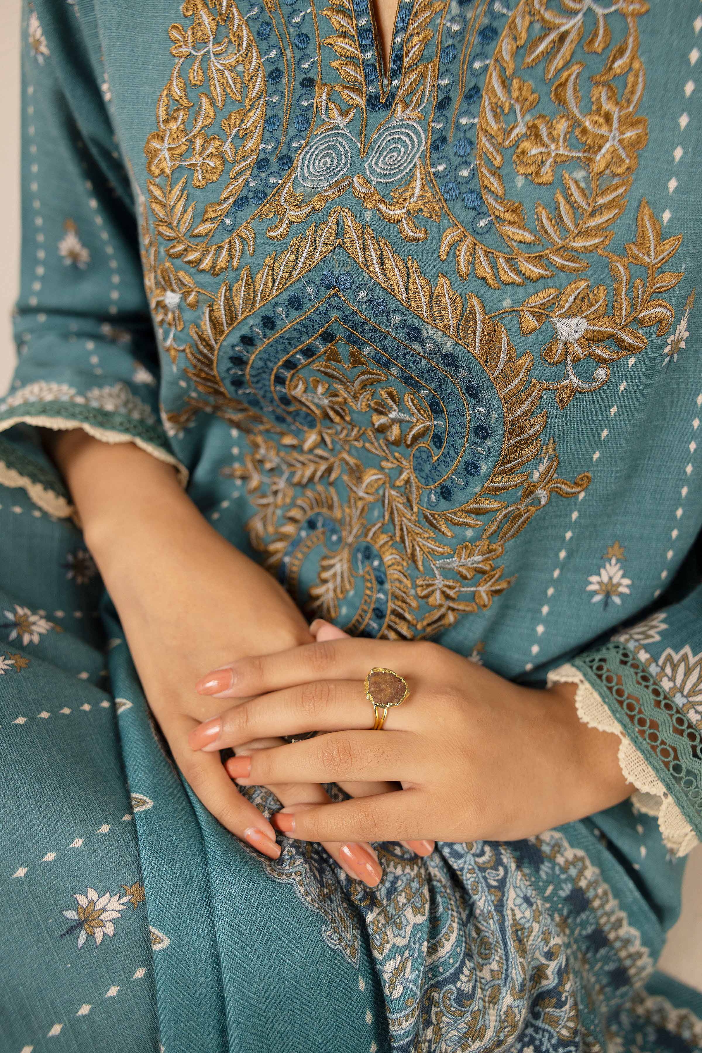 NishatUK - Teal Embroidered  Khaddar 2-piece unstitched Dress