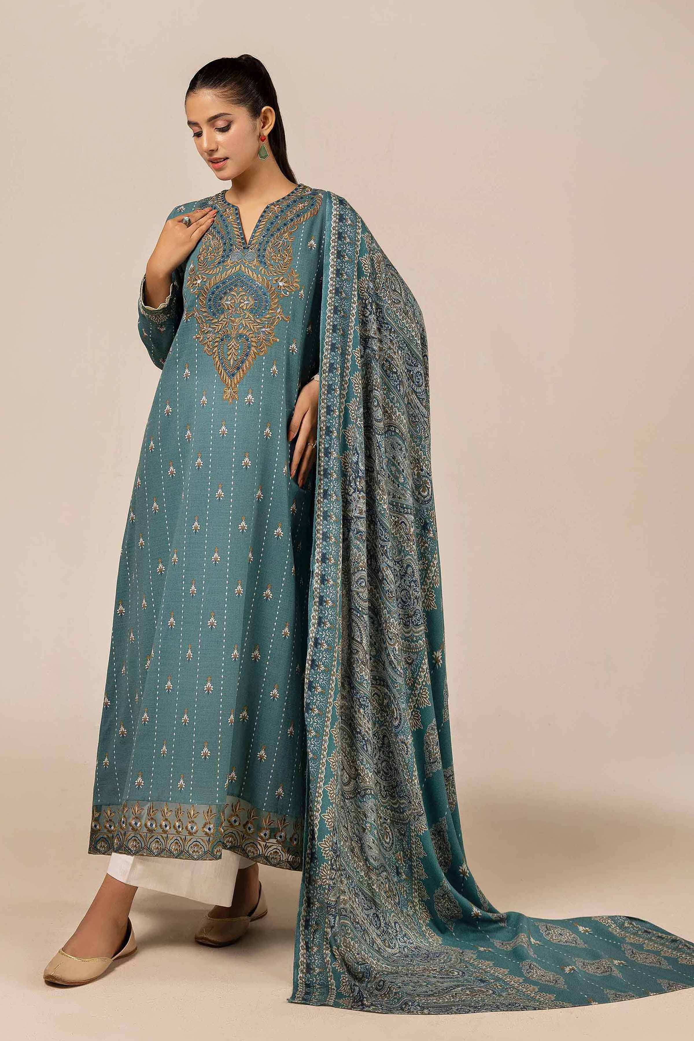 NishatUK - Teal Embroidered  Khaddar 2-piece unstitched Dress