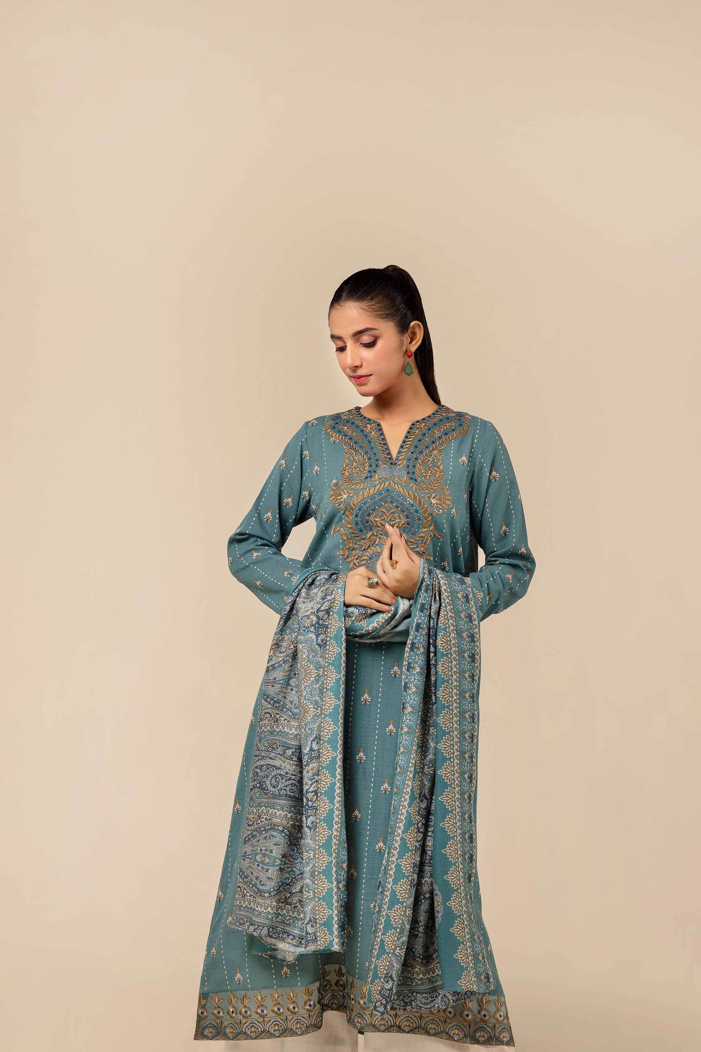 NishatUK - Teal Embroidered  Khaddar 2-piece unstitched Dress