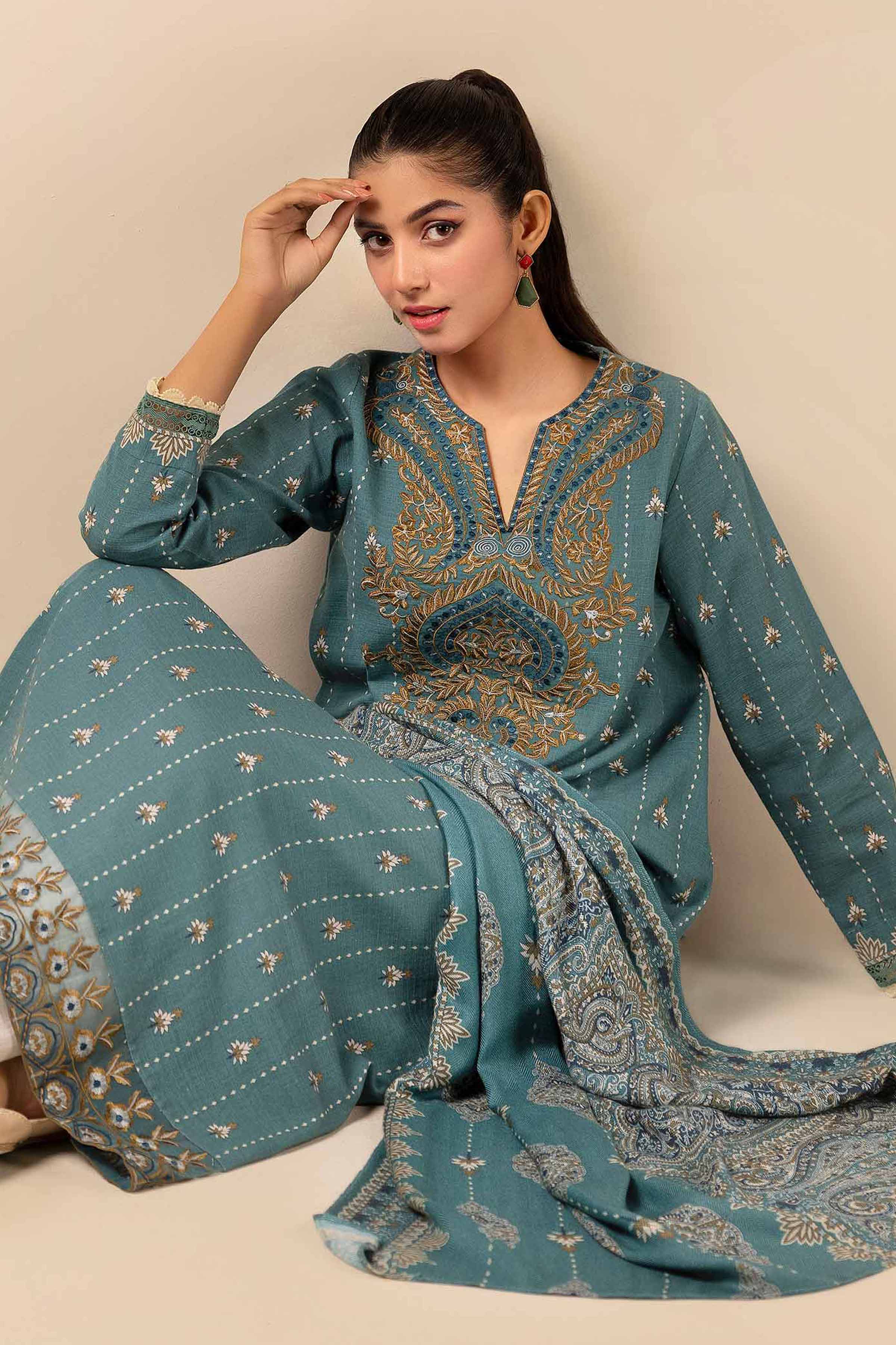 NishatUK - Teal Embroidered  Khaddar 2-piece unstitched Dress