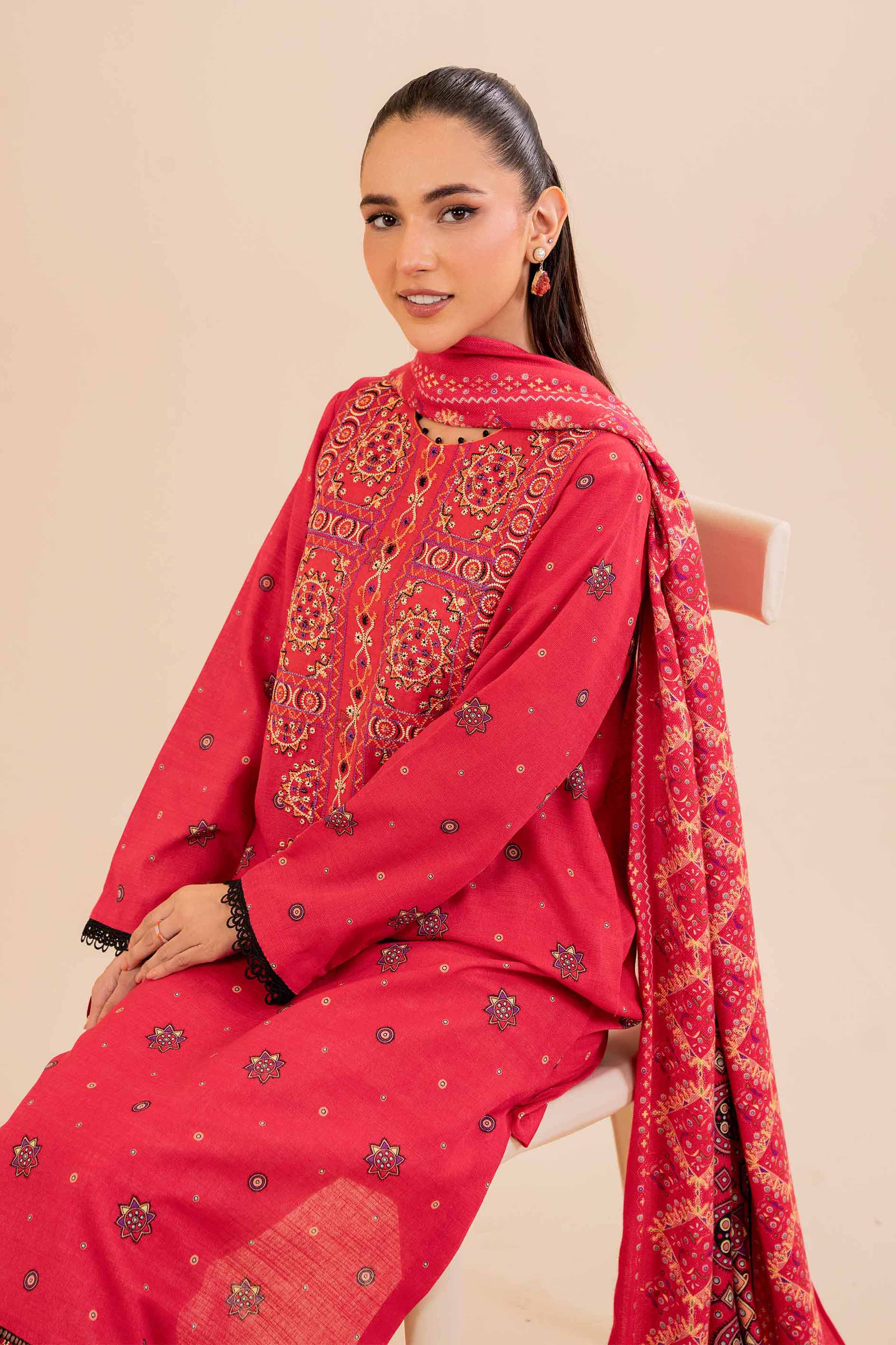 NishatUK - Red Embroidered  Khaddar 2-piece unstitched Dress