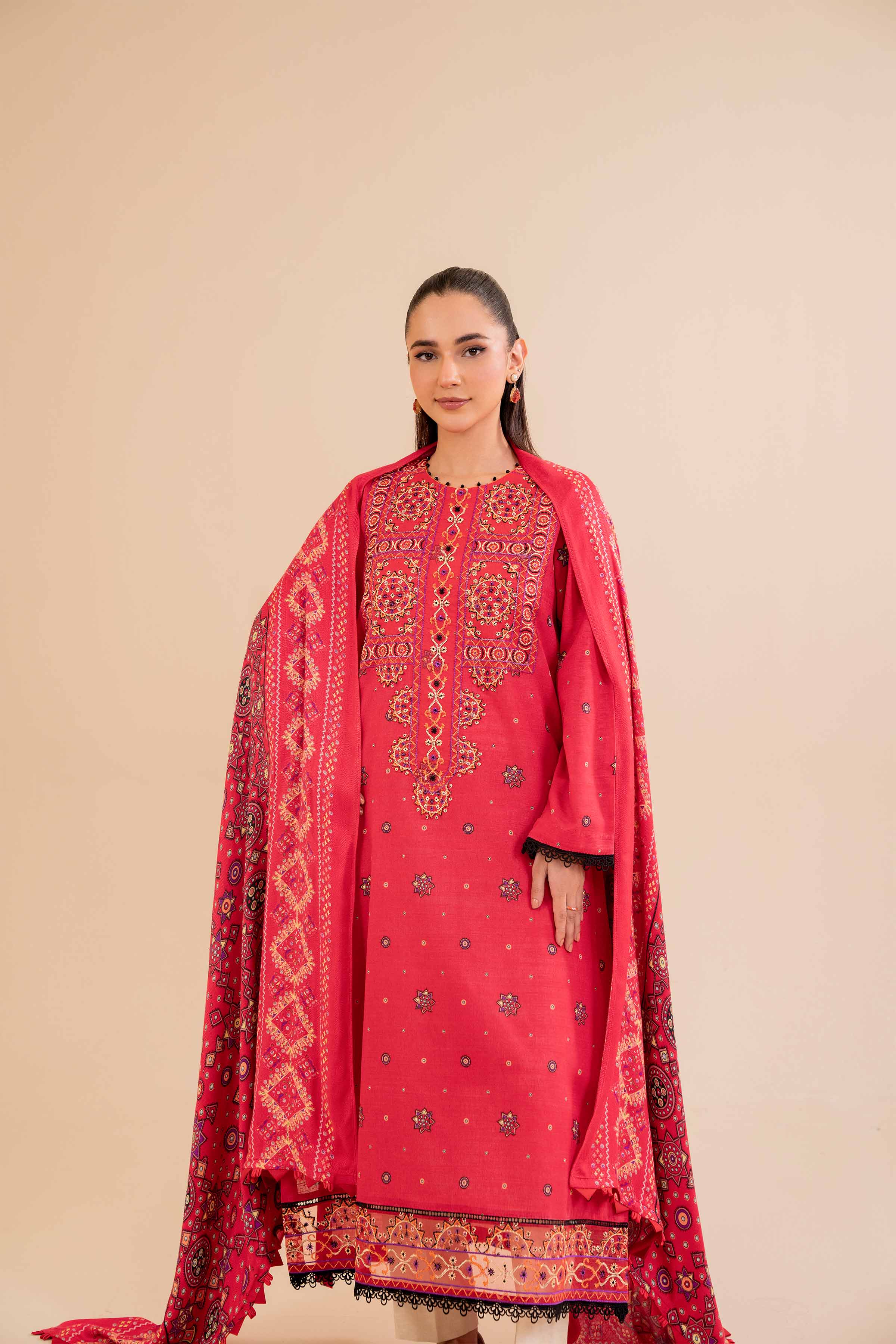 NishatUK - Red Embroidered  Khaddar 2-piece unstitched Dress