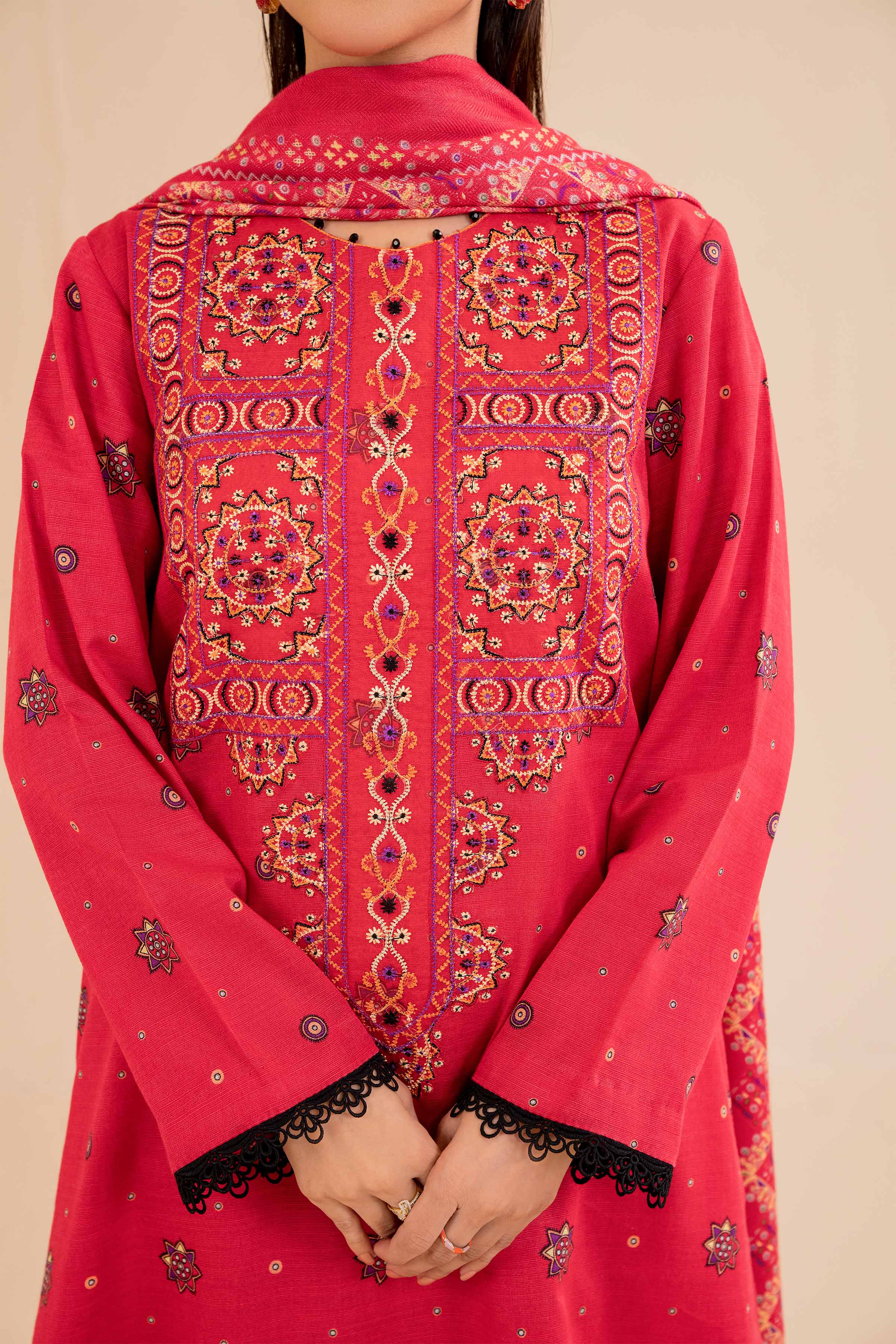 NishatUK - Red Embroidered  Khaddar 2-piece unstitched Dress