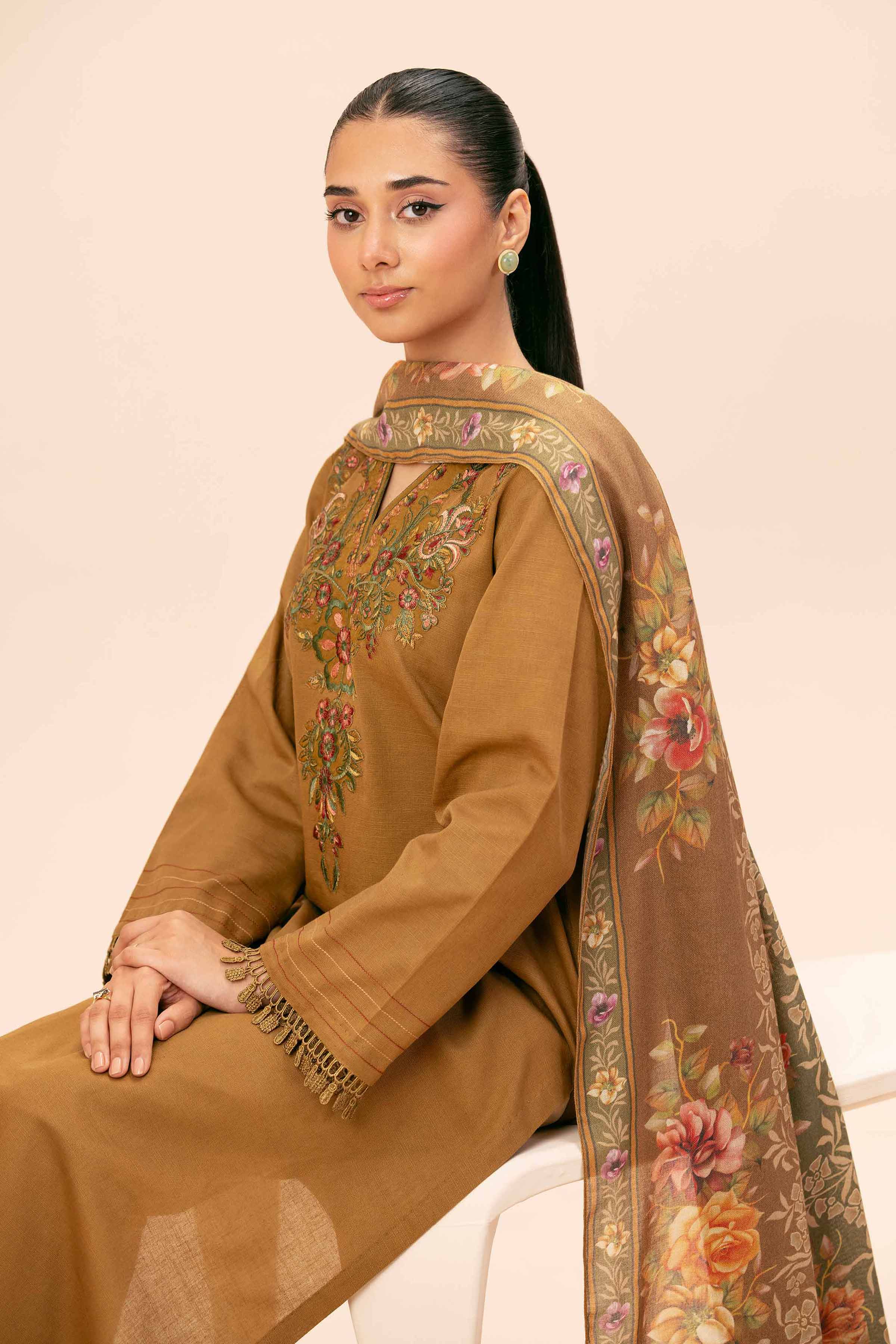 NishatUK - Brown Embroidered  Khaddar 2-piece unstitched Dress