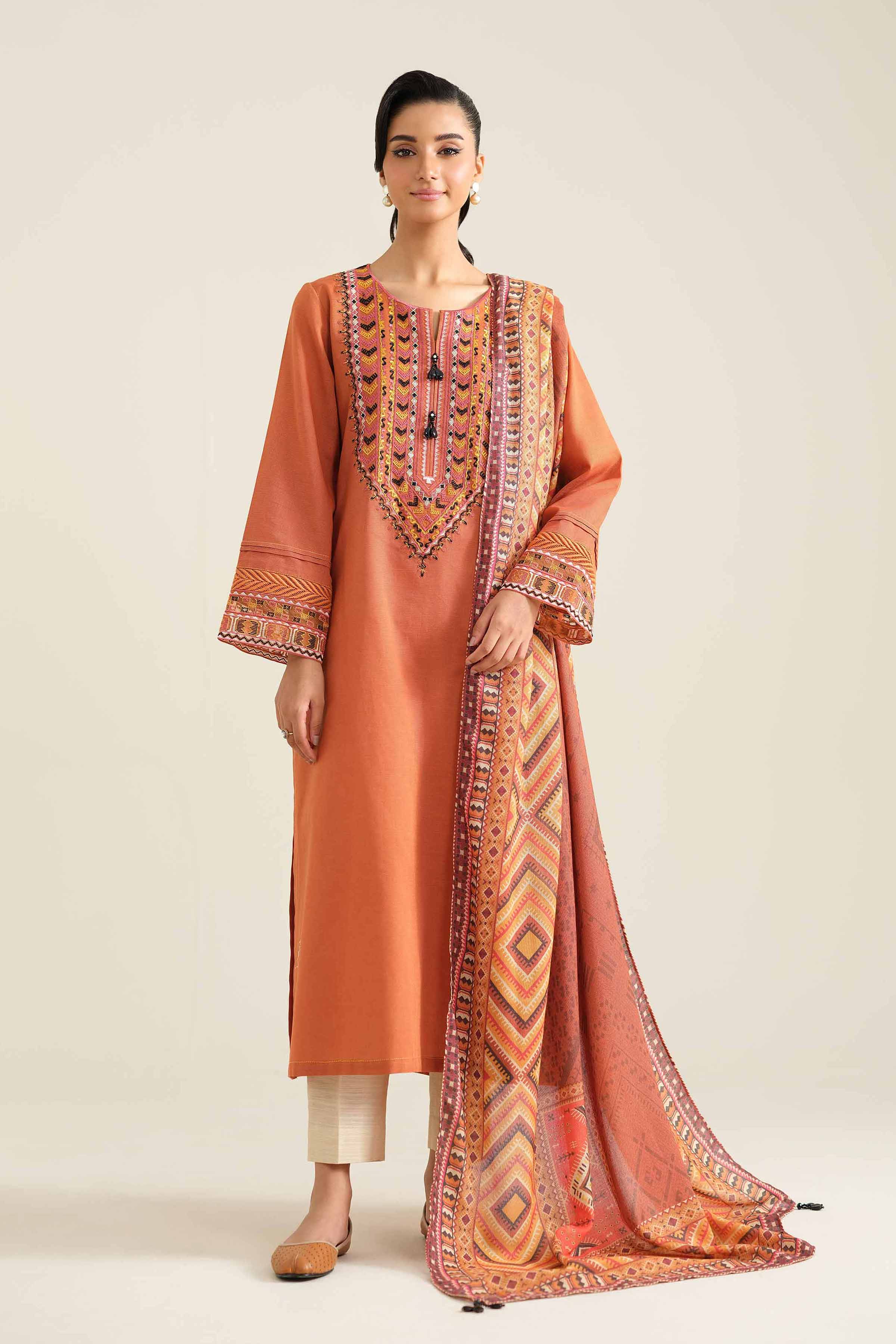 NishatUK - Brown Embroidered  Khaddar 2-piece unstitched Dress