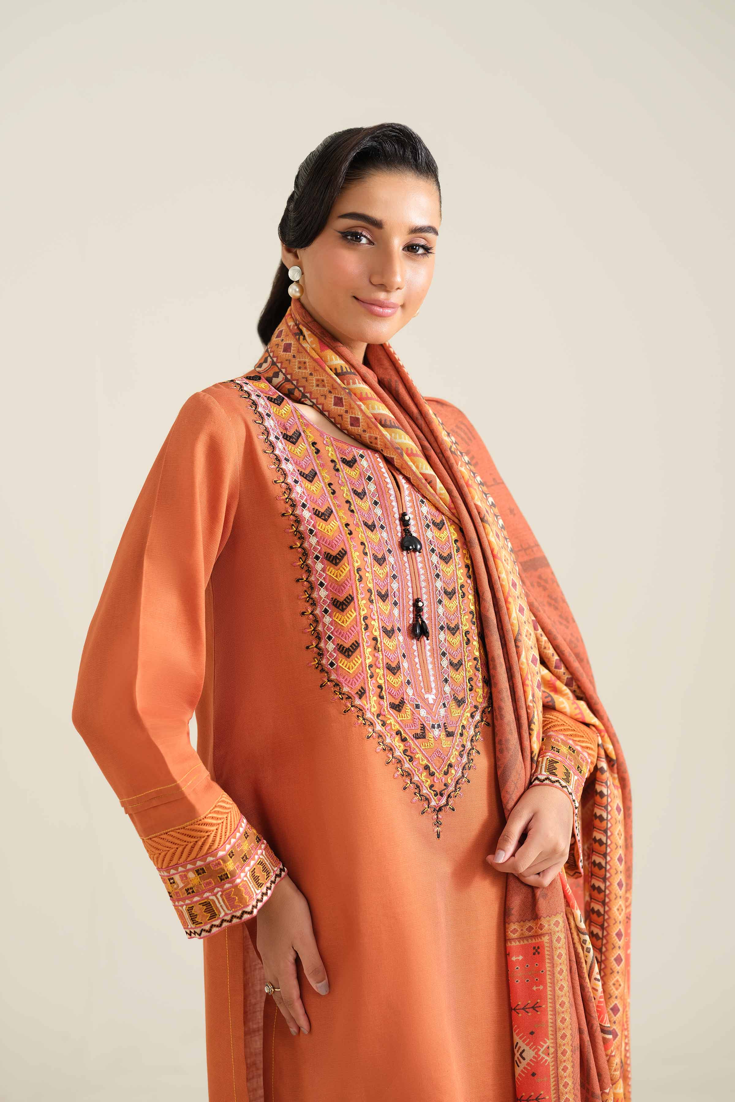 NishatUK - Brown Embroidered  Khaddar 2-piece unstitched Dress