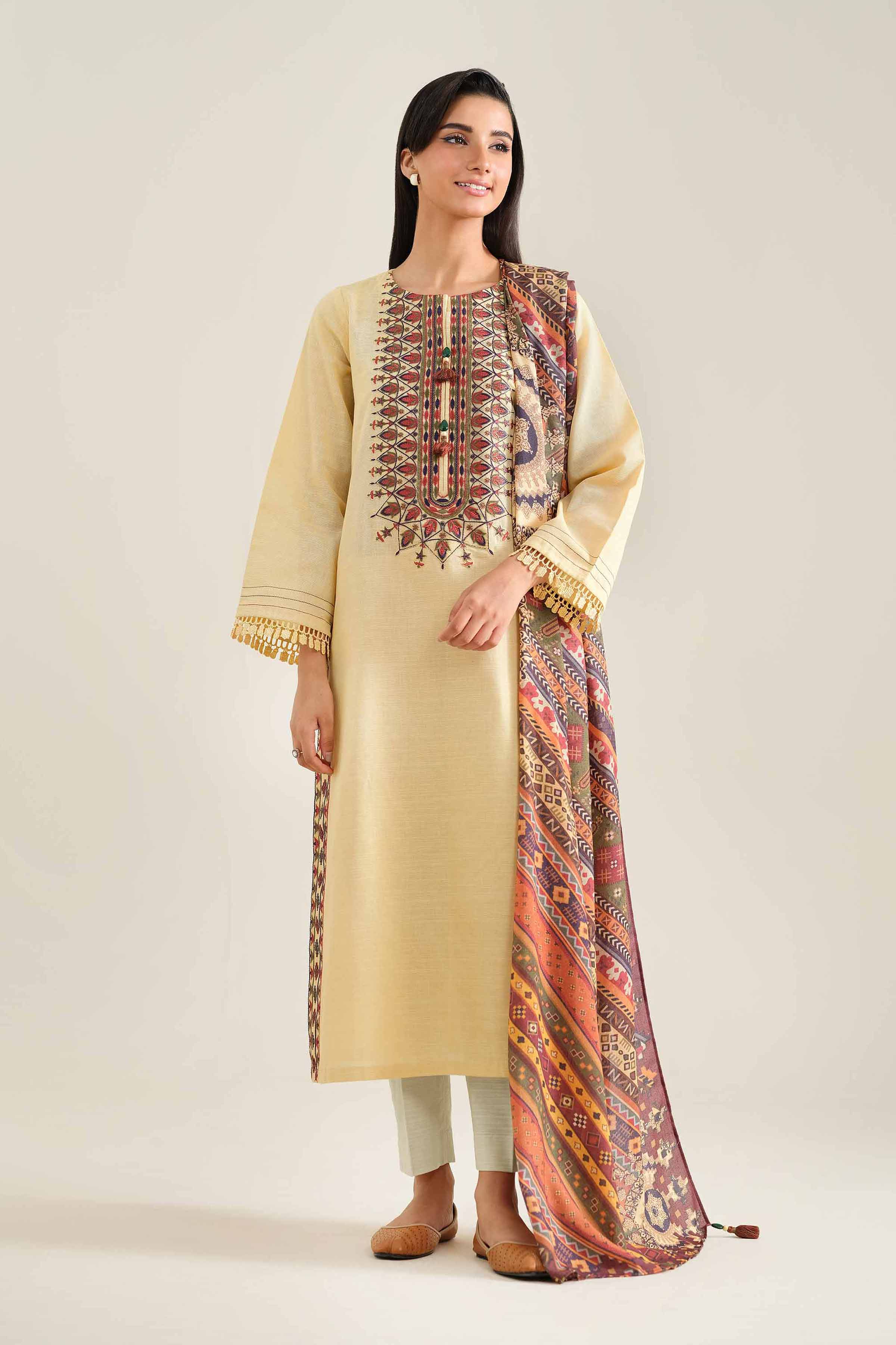NishatUK - Brown Embroidered  Khaddar 2-piece unstitched Dress