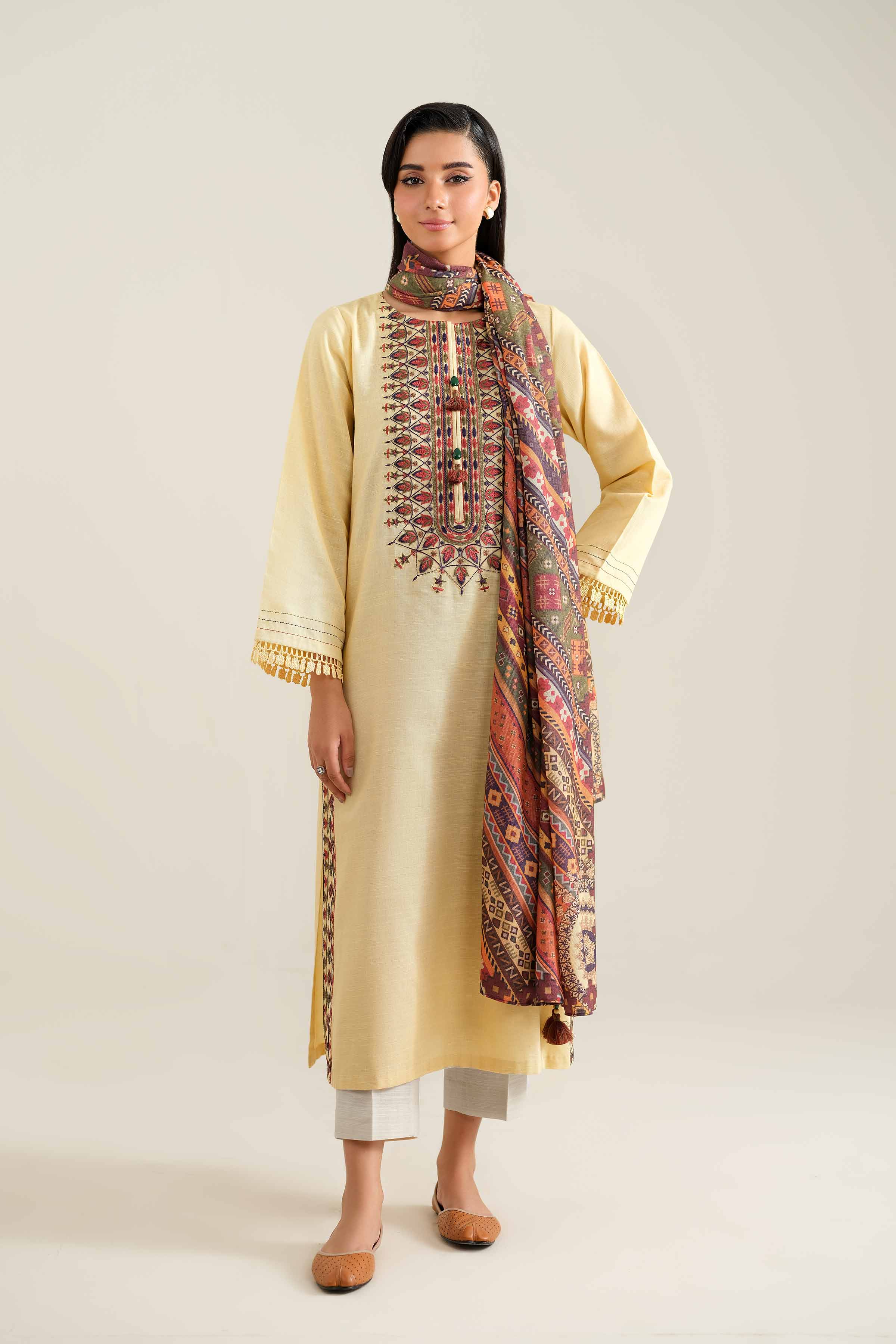 NishatUK - Brown Embroidered  Khaddar 2-piece unstitched Dress