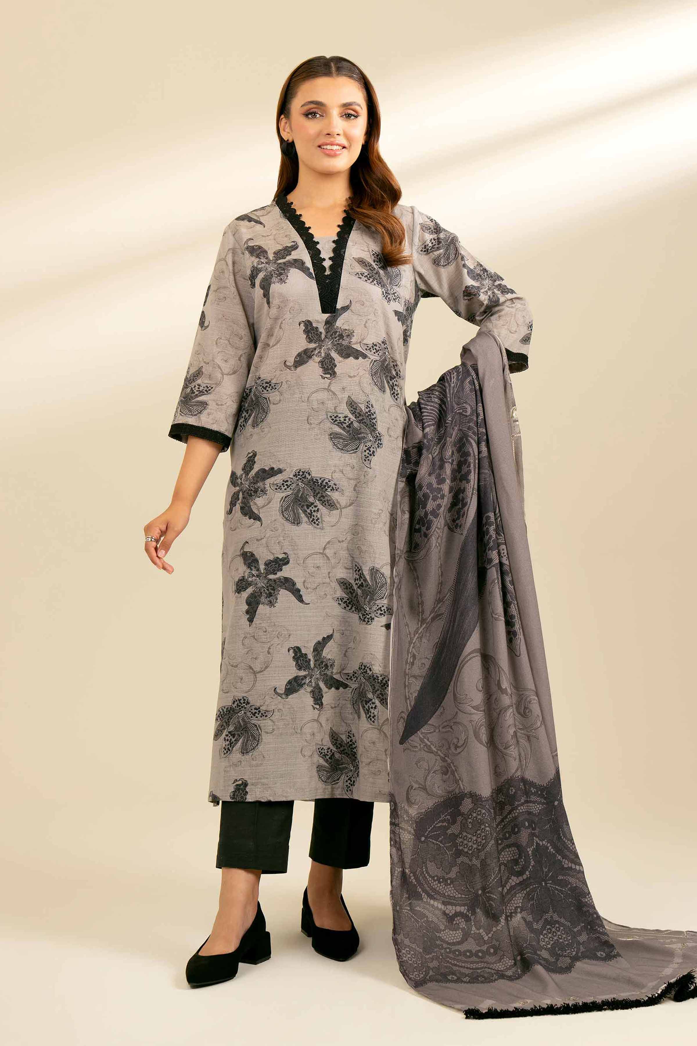 NishatUK - Brown Printed Khaddar 2-piece unstitched Dress