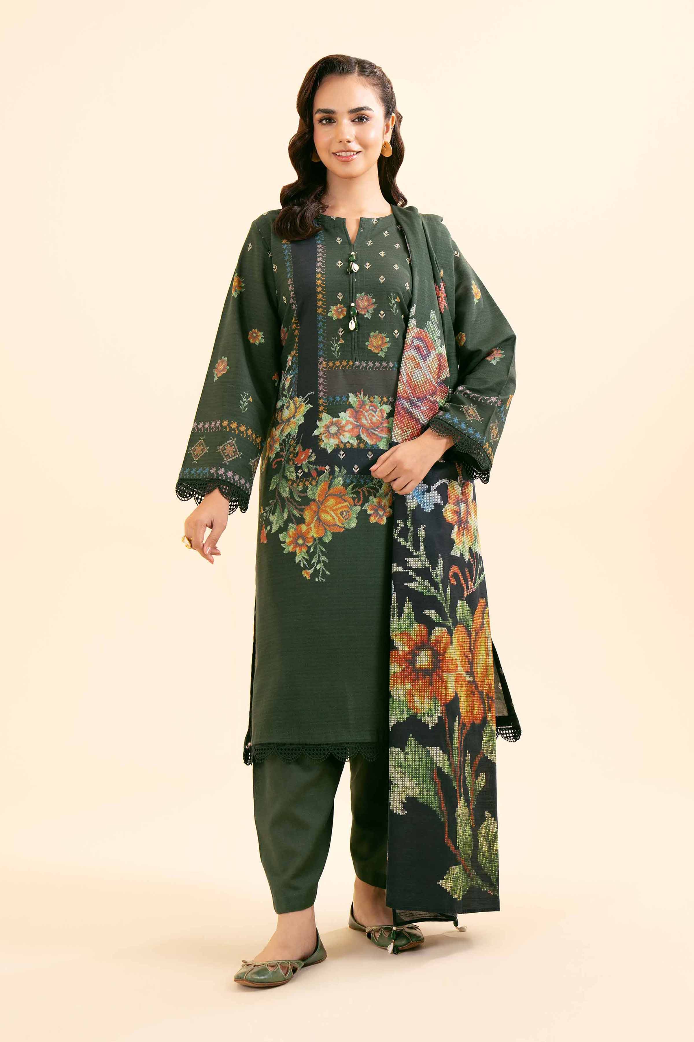 NishatUK - Brown Printed Cotton 3-piece unstitched Suit