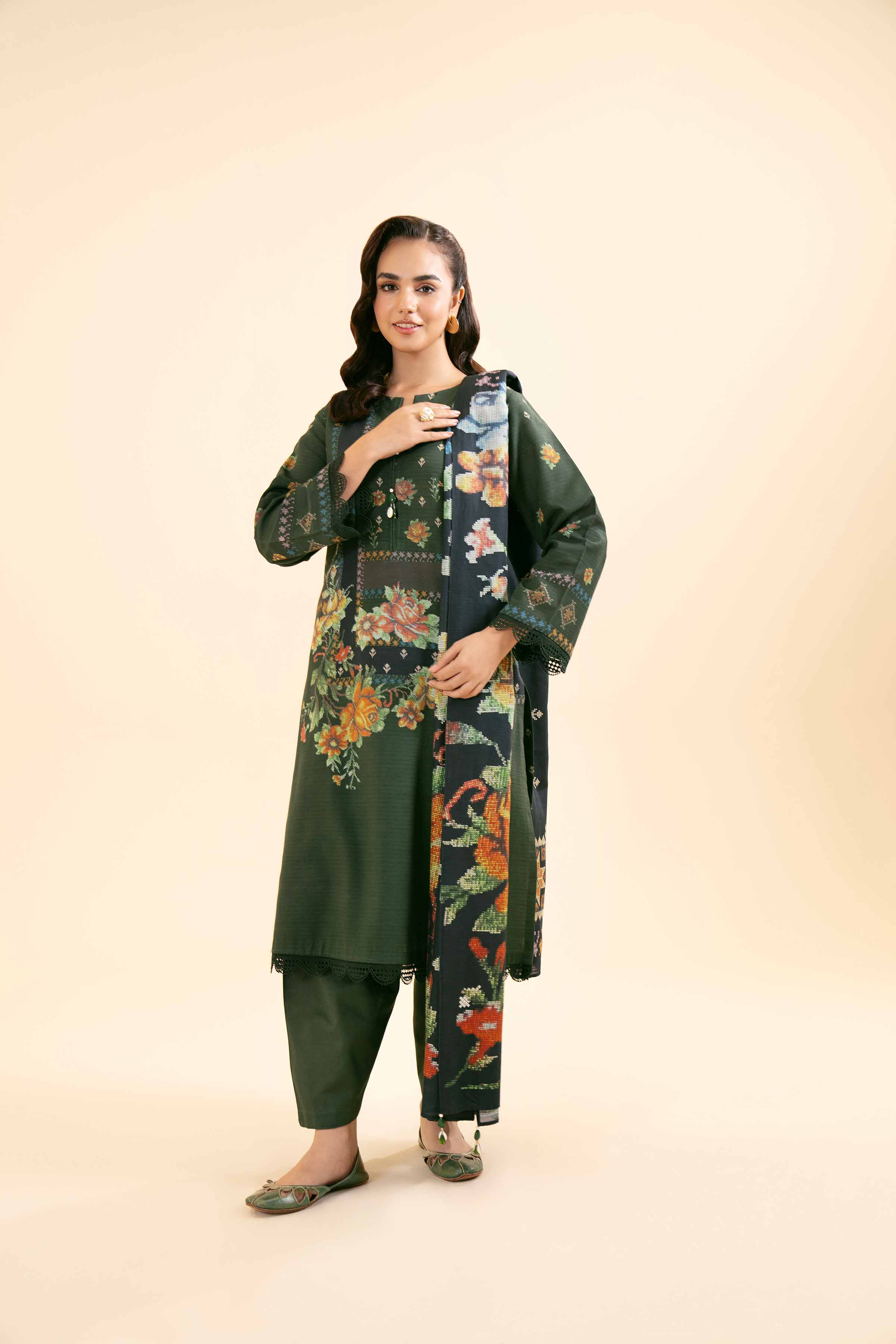 NishatUK - Brown Printed Cotton 3-piece unstitched Suit