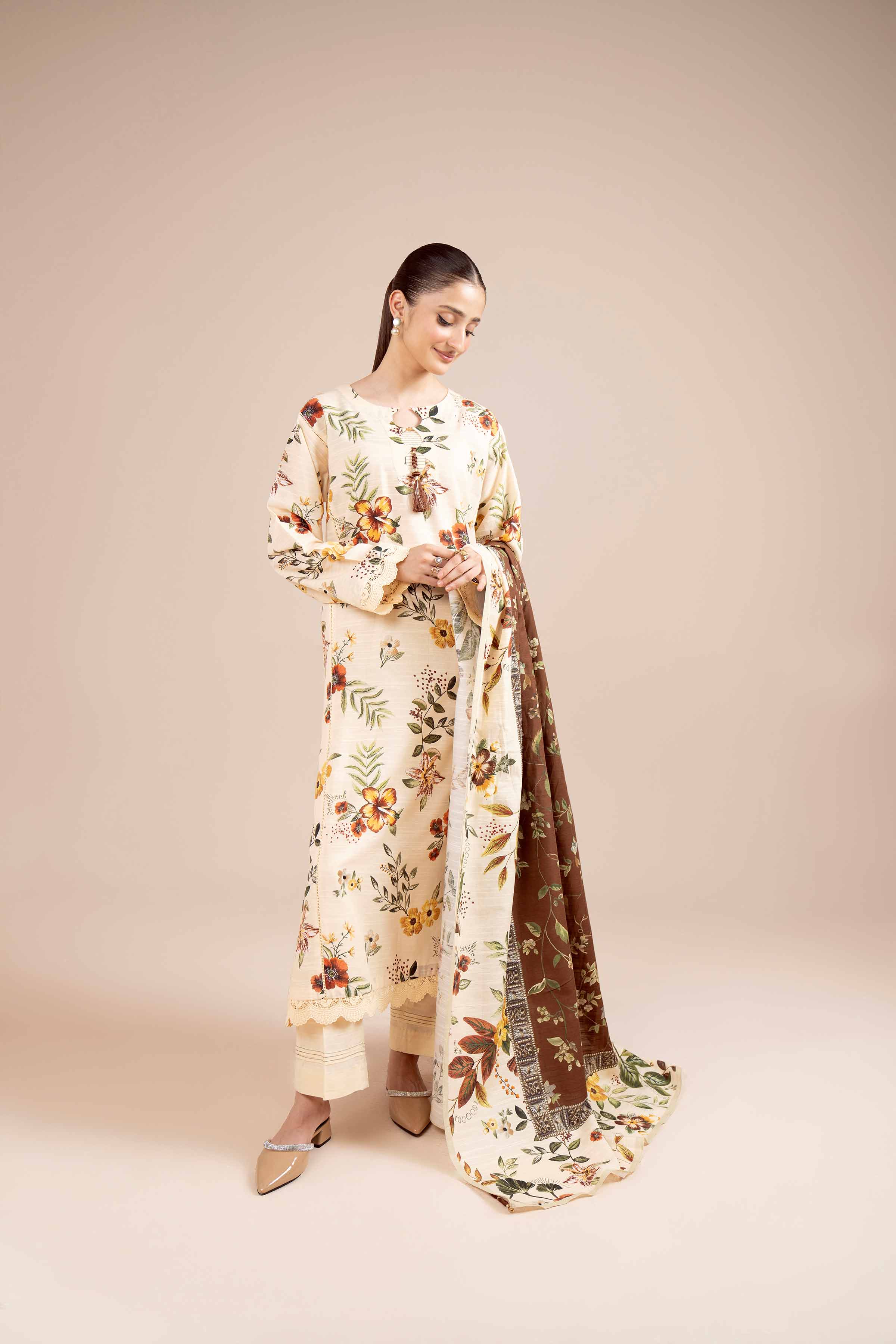 NishatUK - Brown Printed Cotton 3-piece unstitched Suit