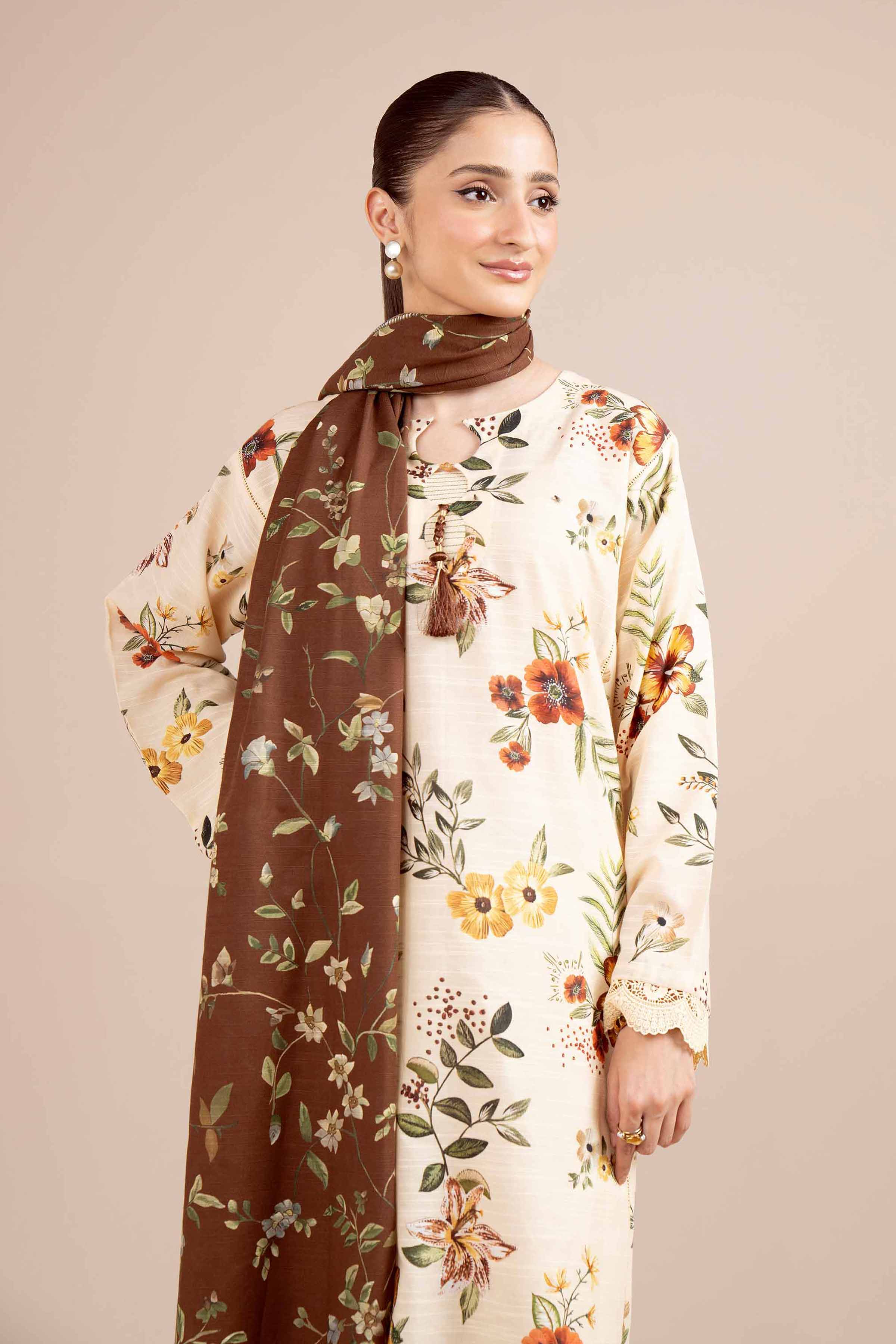 NishatUK - Brown Printed Cotton 3-piece unstitched Suit