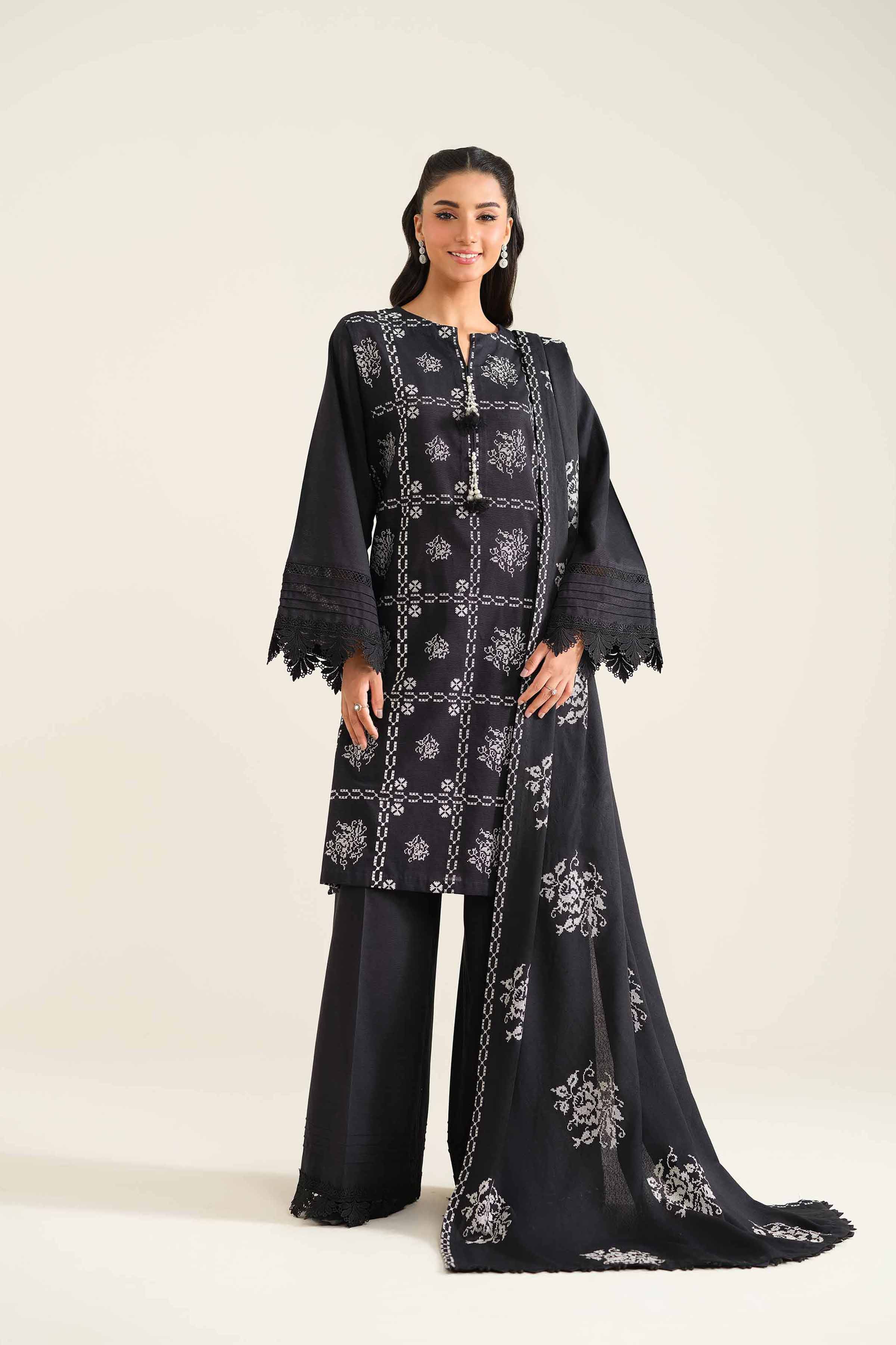 NishatUK - Black Embroidered  Khaddar 3-piece unstitched Suit