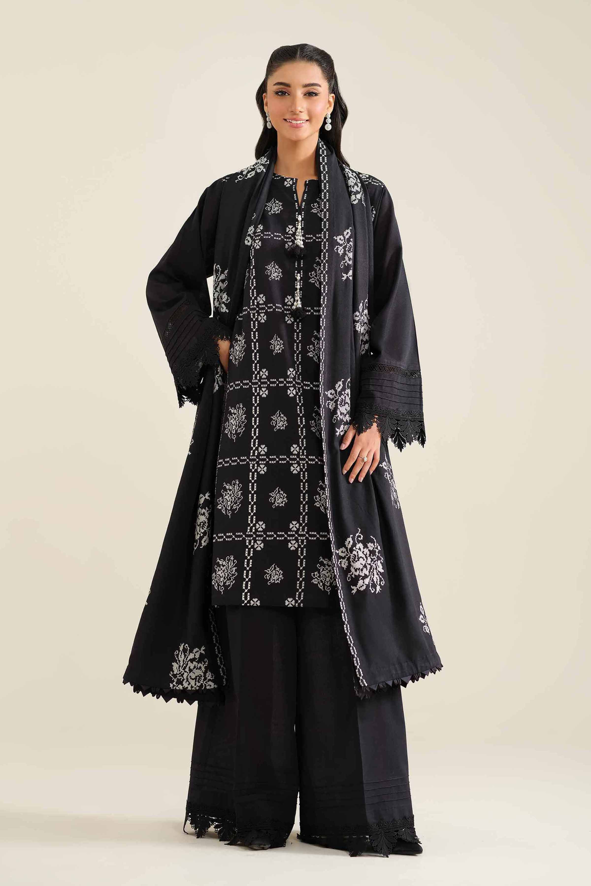 NishatUK - Black Embroidered  Khaddar 3-piece unstitched Suit