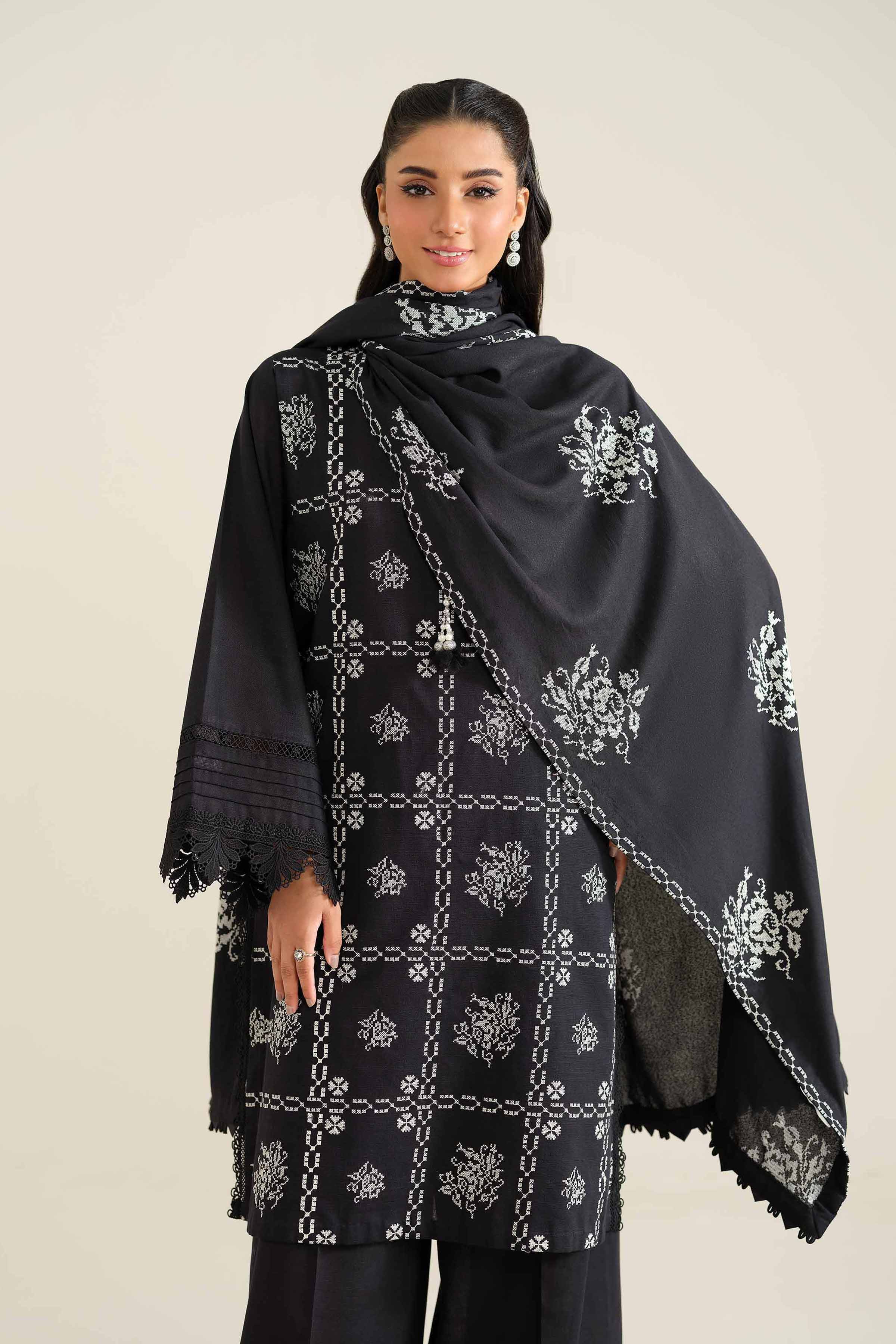 NishatUK - Black Embroidered  Khaddar 3-piece unstitched Suit