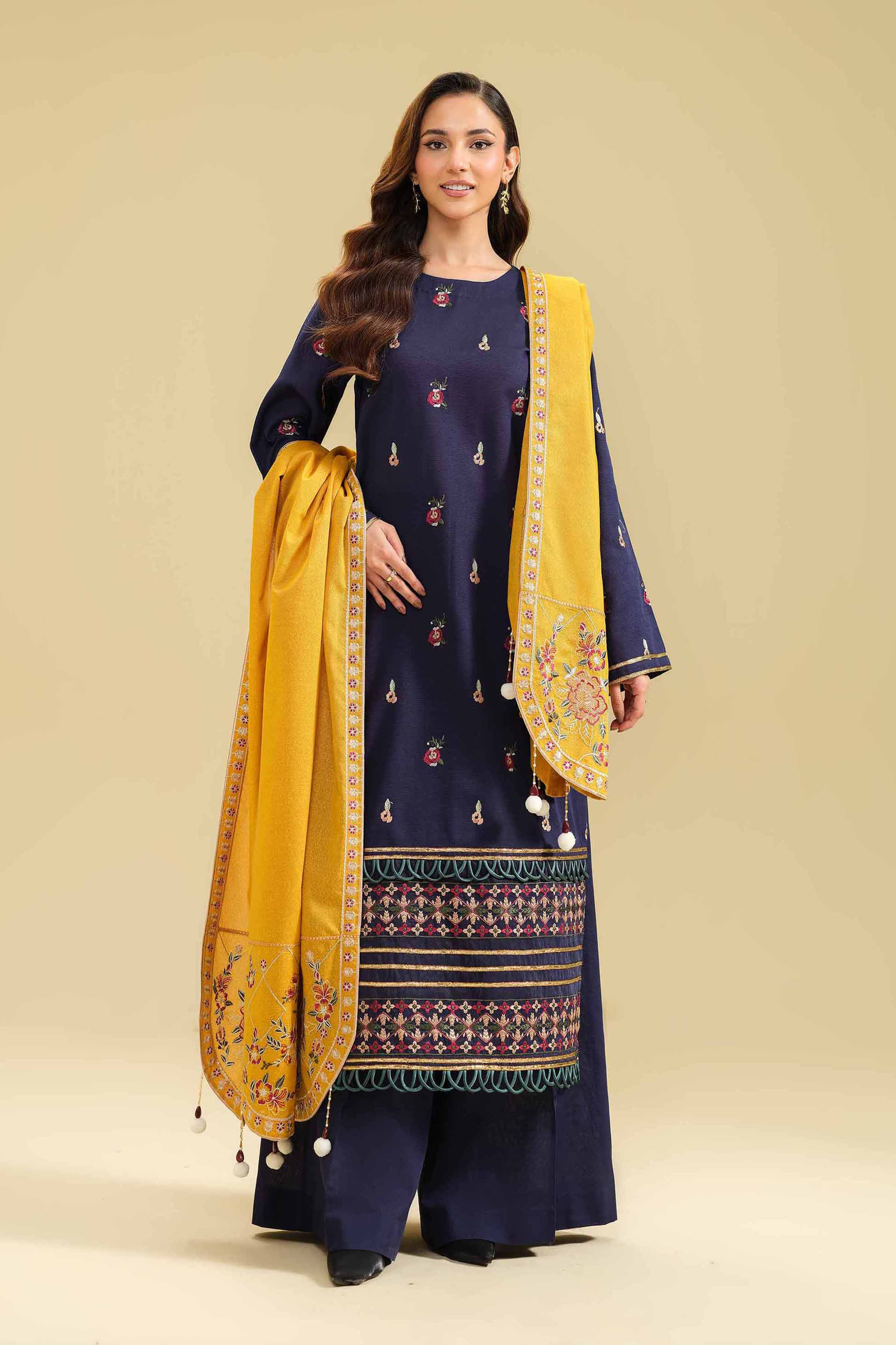 NishatUK - Blue Embroidered  Khaddar 3-piece unstitched Suit