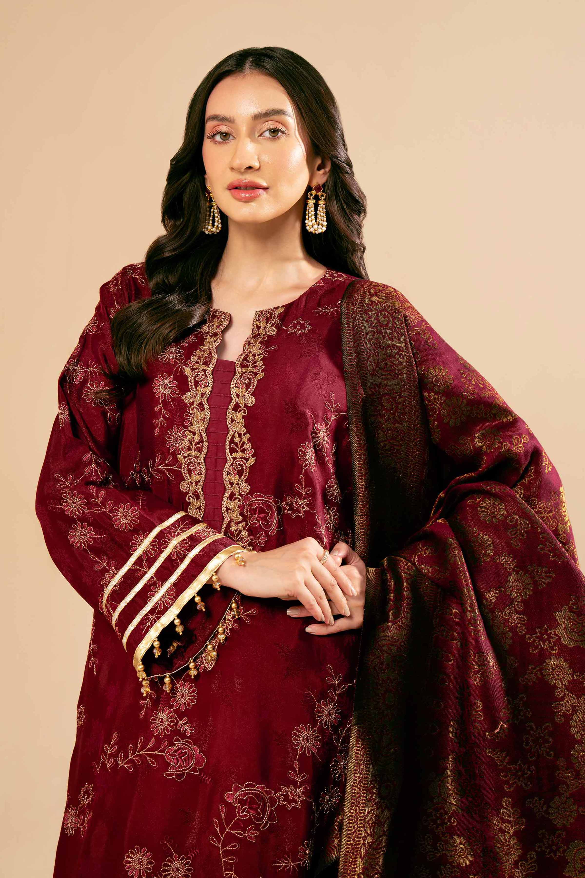 NishatUK - Red Embroidered  Jacquard 3-piece unstitched Suit