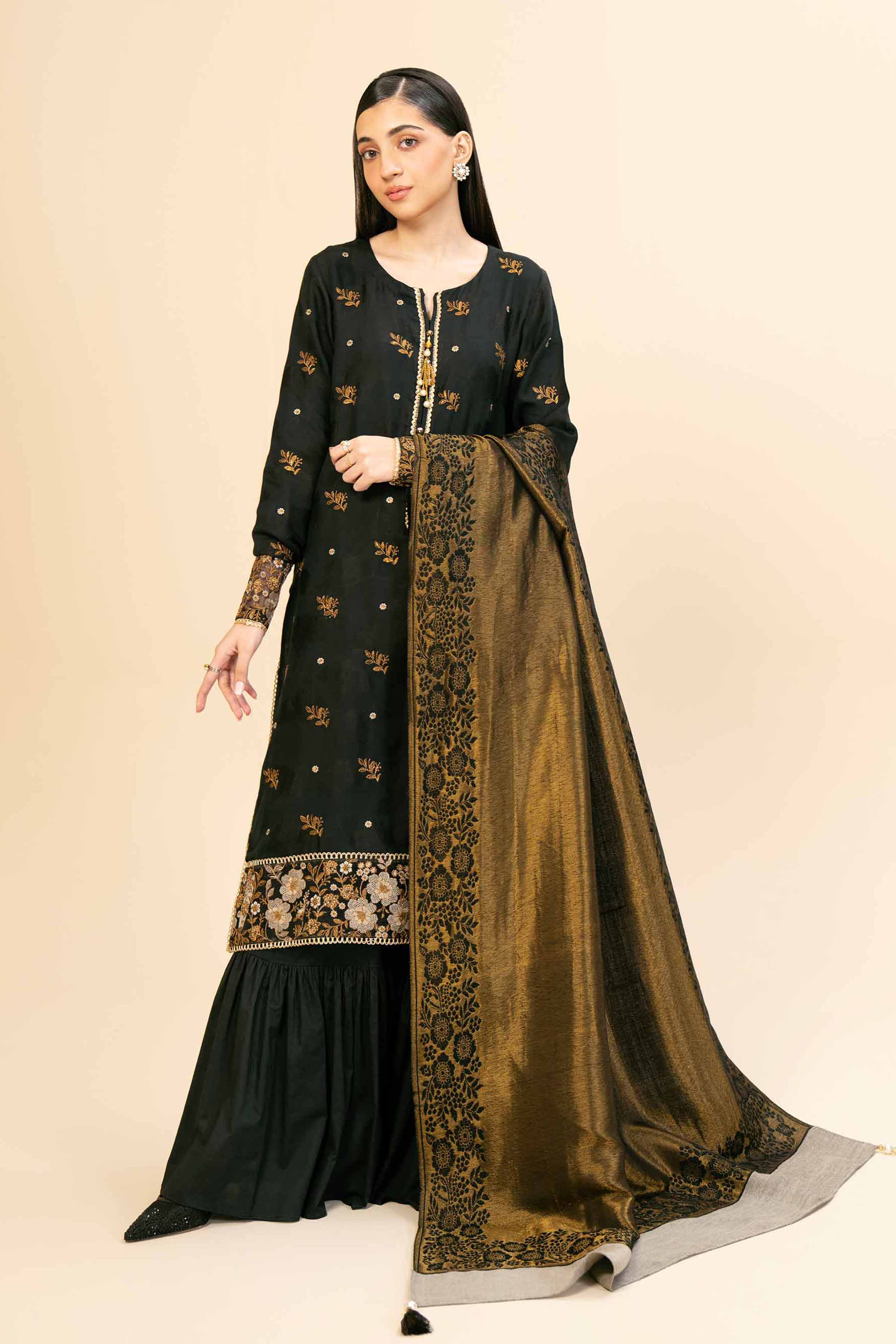 NishatUK - Black Embroidered  Jacquard 3-piece unstitched Suit