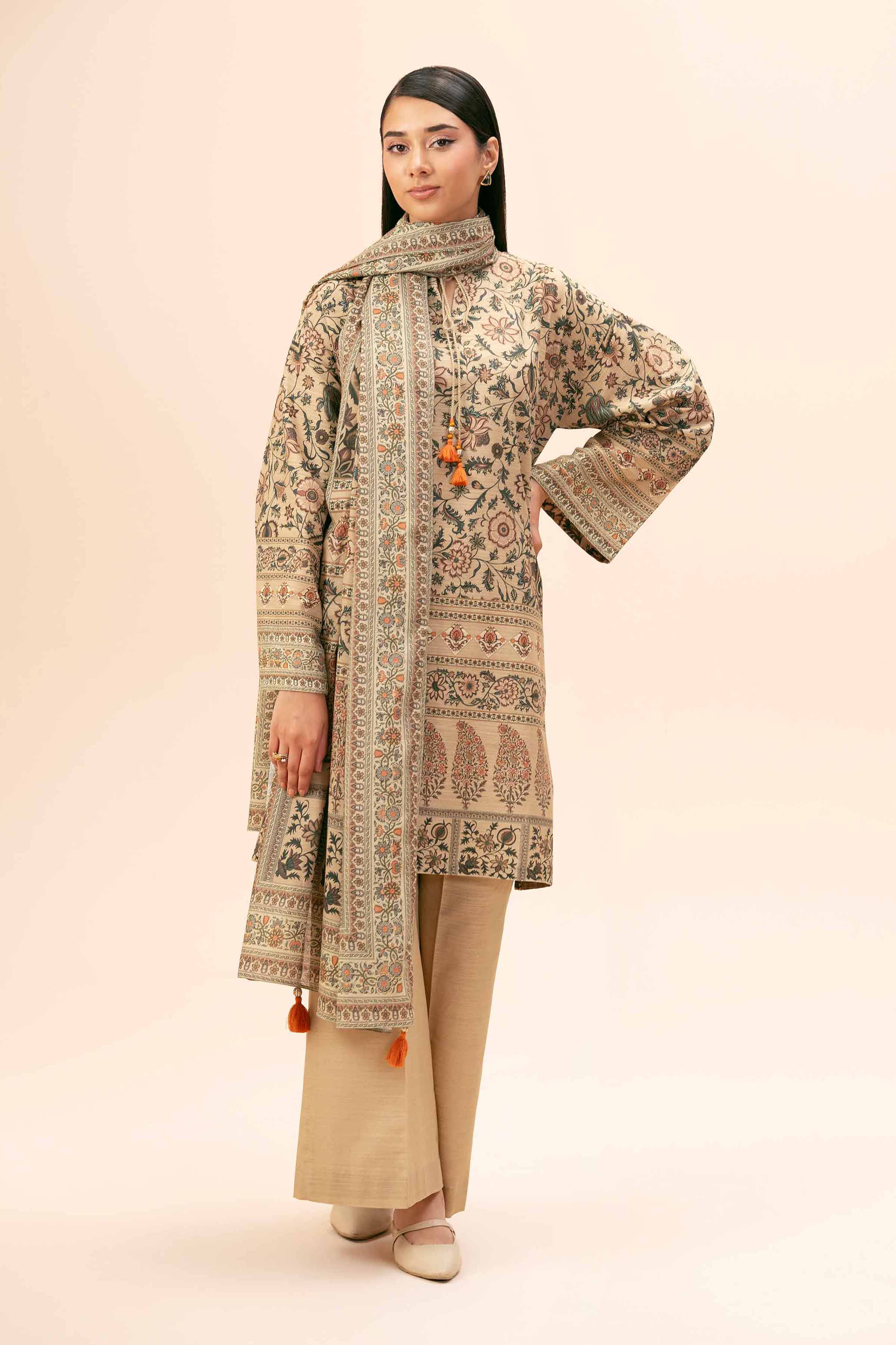 NishatUK - Brown Printed Cotton 3-piece unstitched Suit