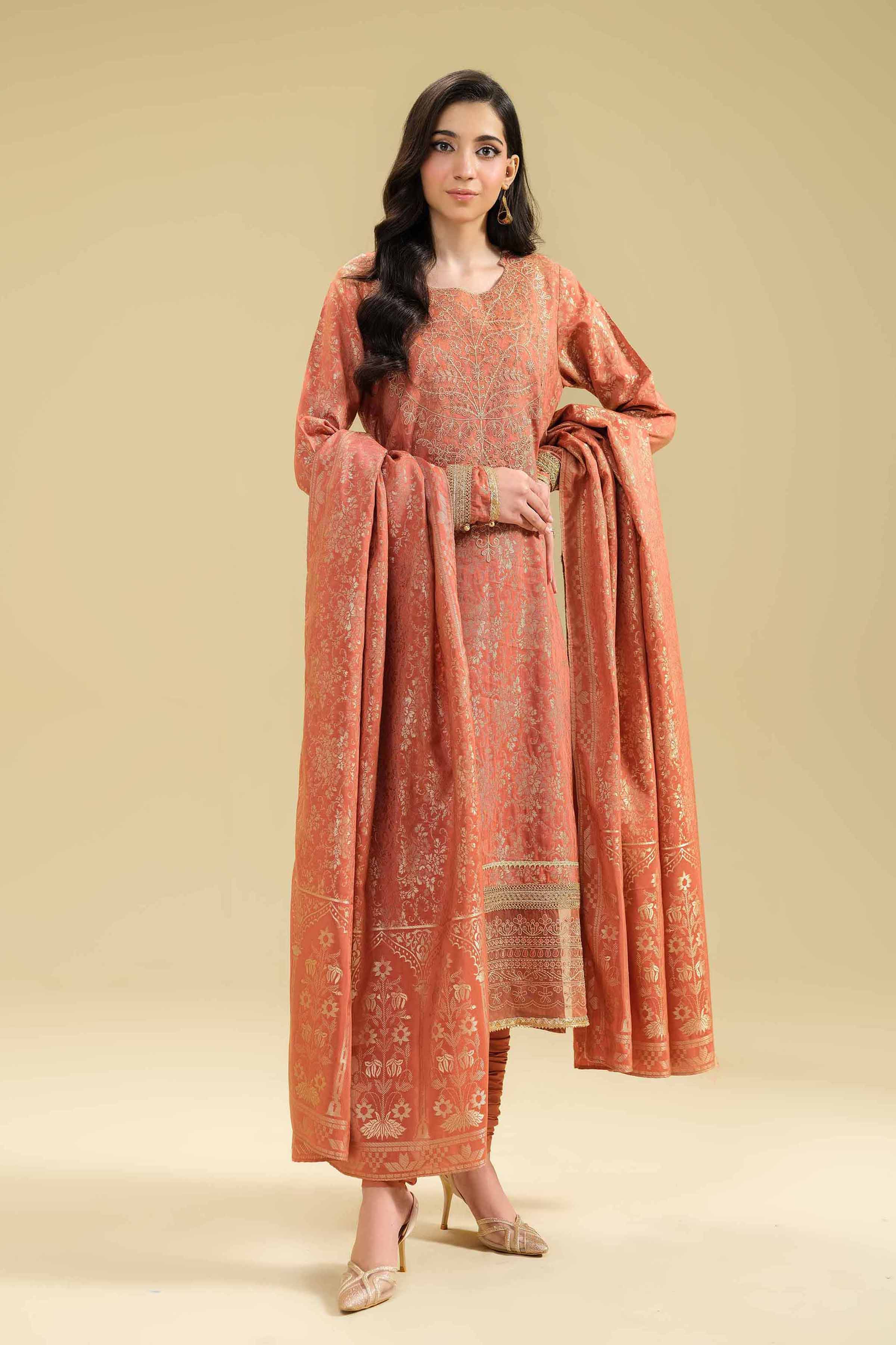 NishatUK - Orange Rust Embroidered  Jacquard 3-piece unstitched Suit