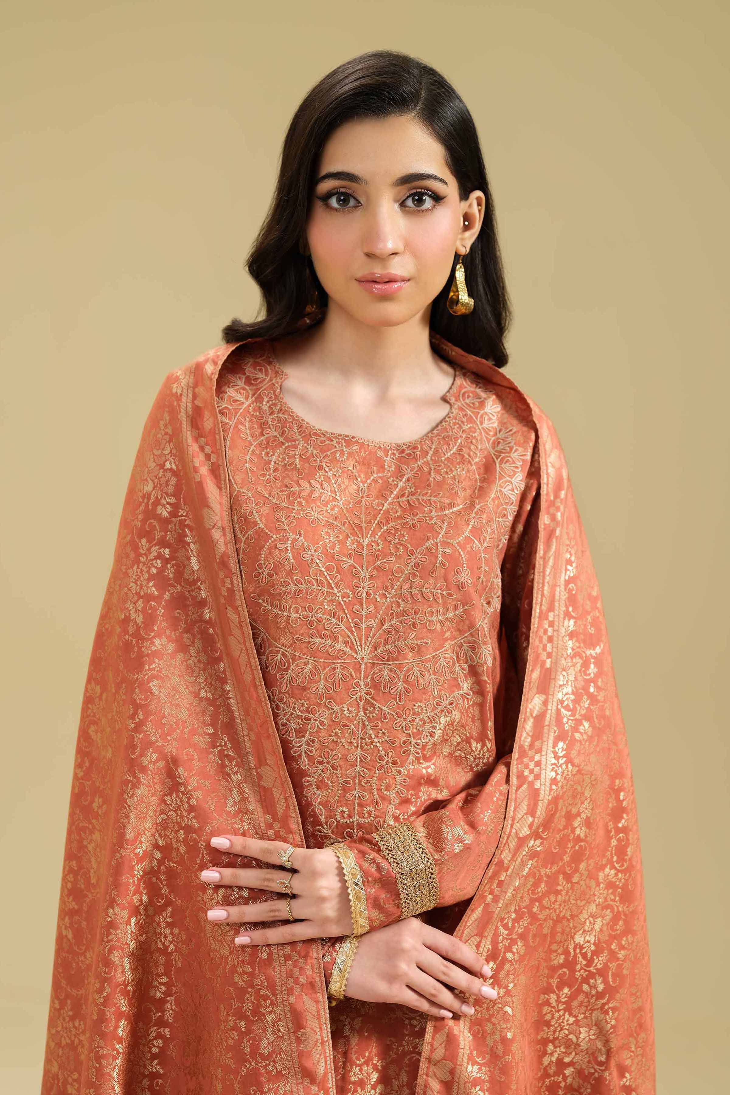 NishatUK - Orange Rust Embroidered  Jacquard 3-piece unstitched Suit
