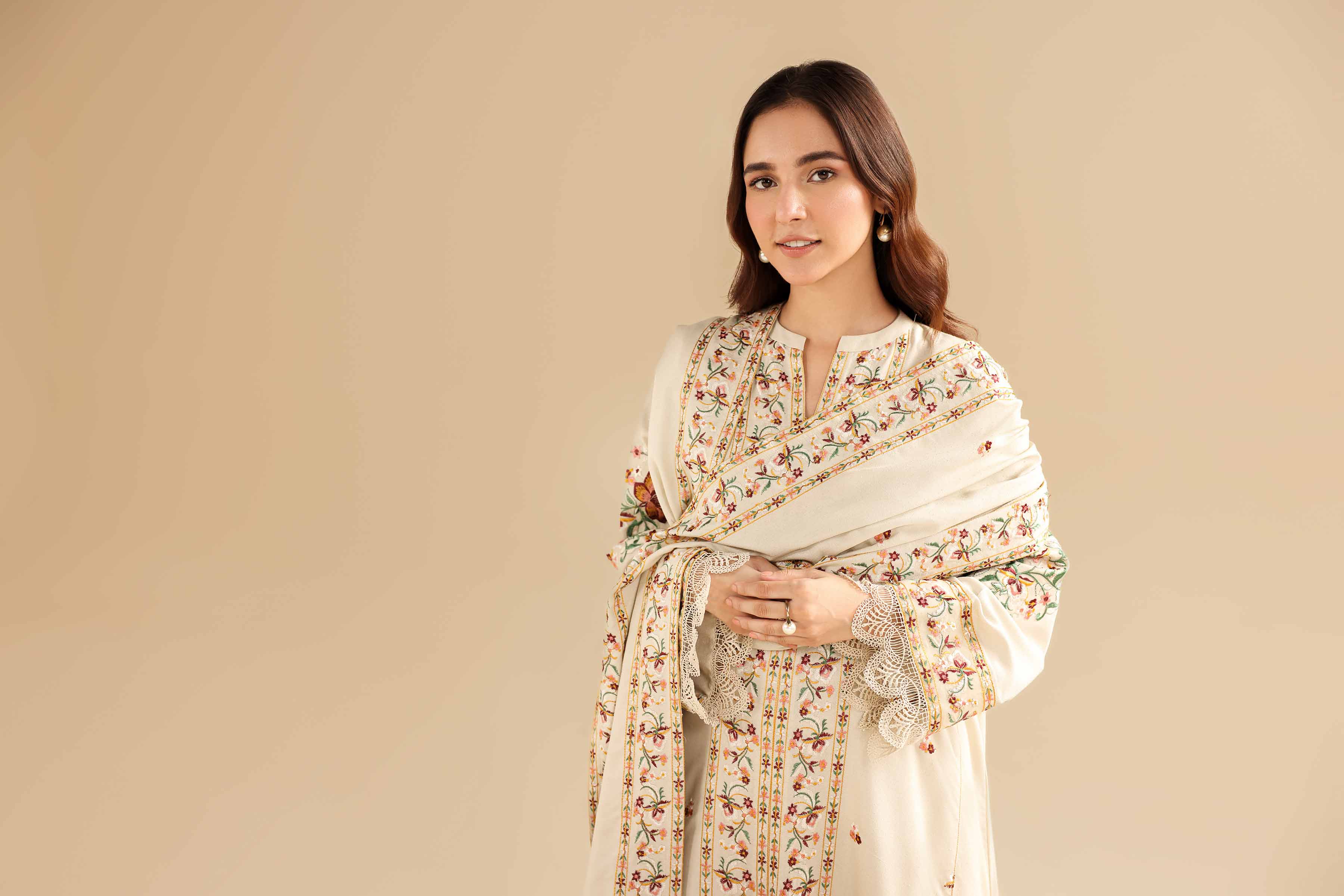 NishatUK - Beige Embroidered  Karandi 3-piece unstitched Suit