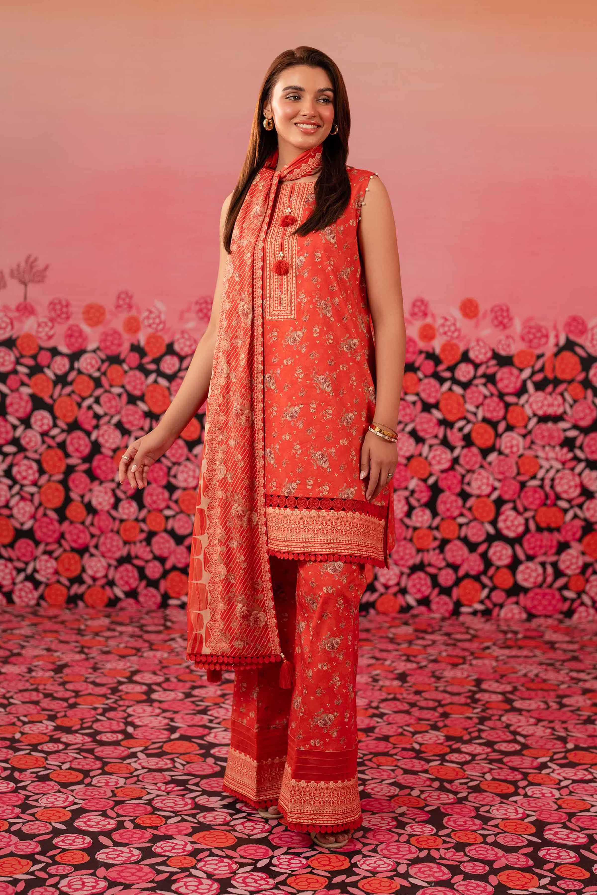 NishatUK - Orange Printed Cambric 3-piece unstitched Suit