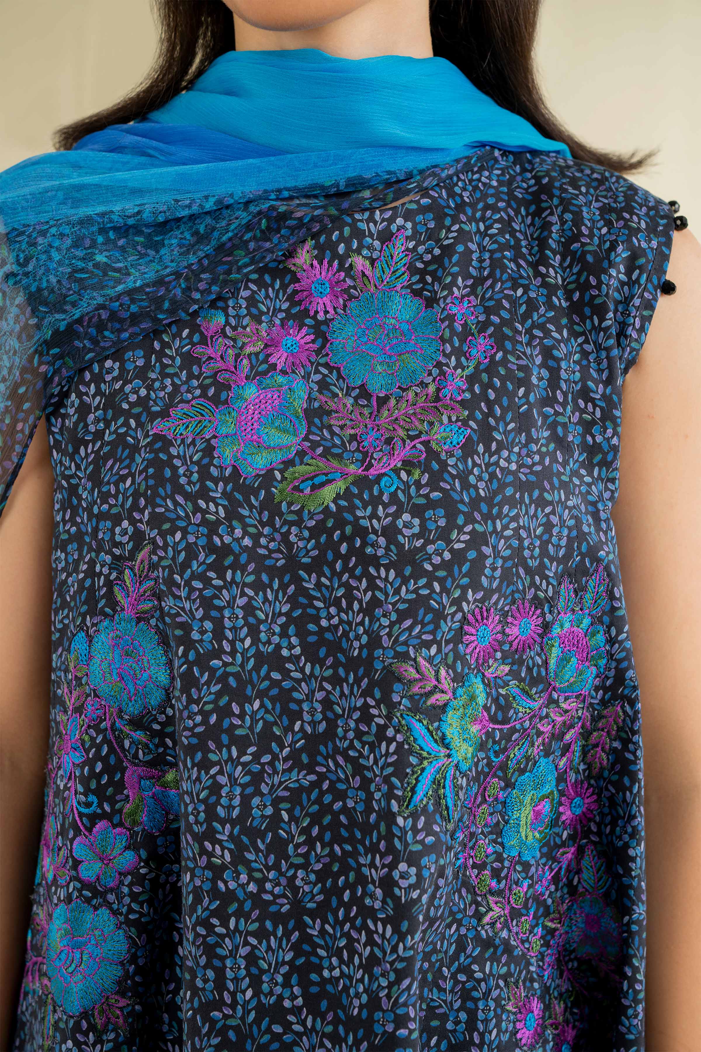 NishatUK - Blue Embroidered   Cambric 3-piece unstitched Suit