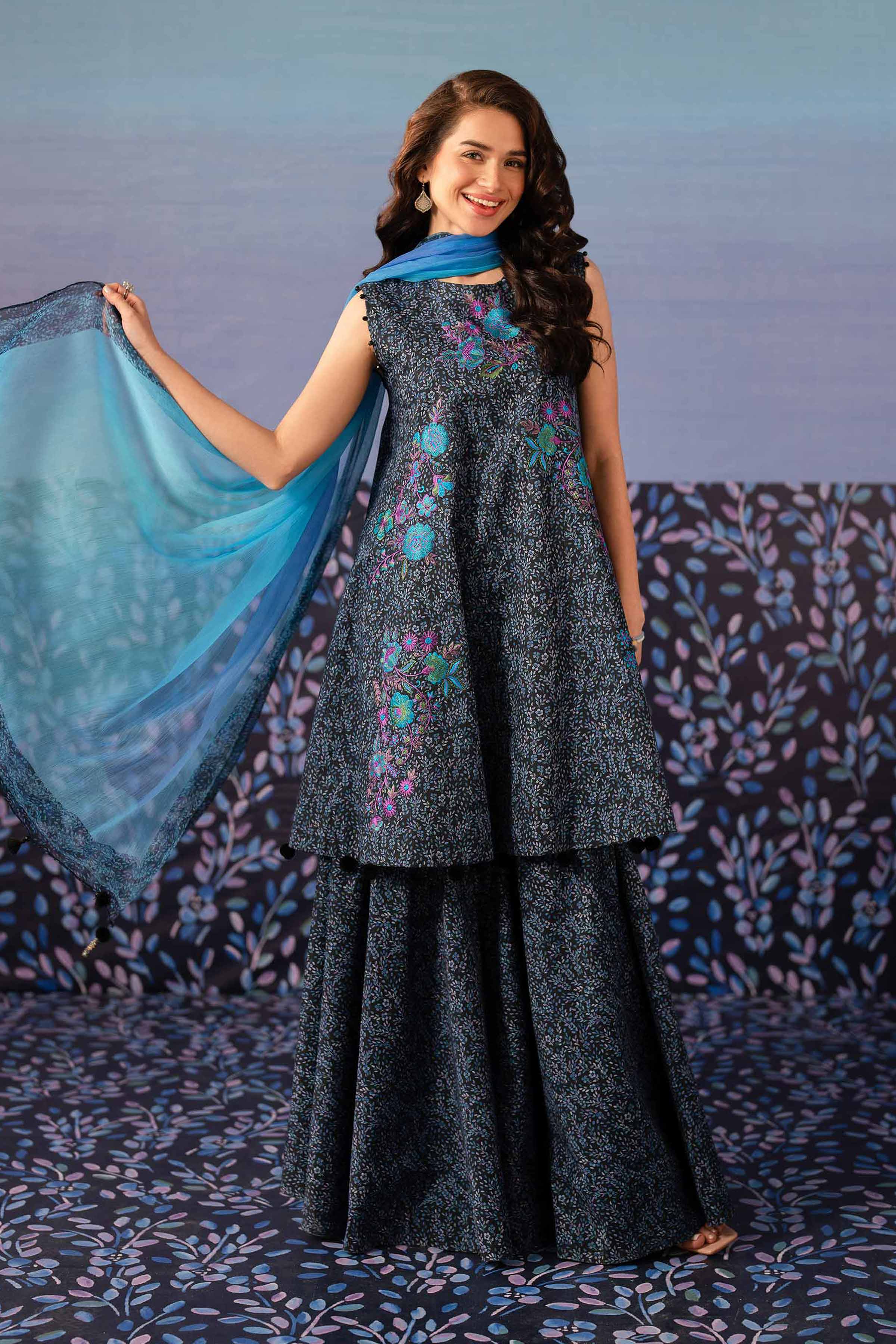NishatUK - Blue Embroidered   Cambric 3-piece unstitched Suit