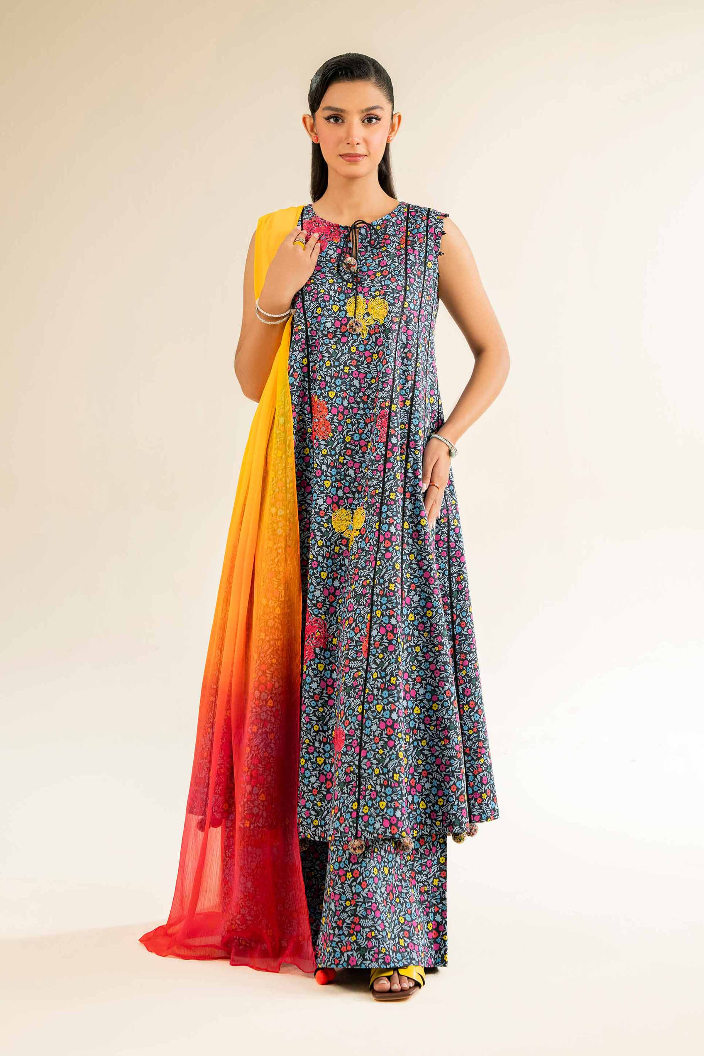 NishatUK - Pink & Black Embroidered   Cambric 3-piece unstitched Suit