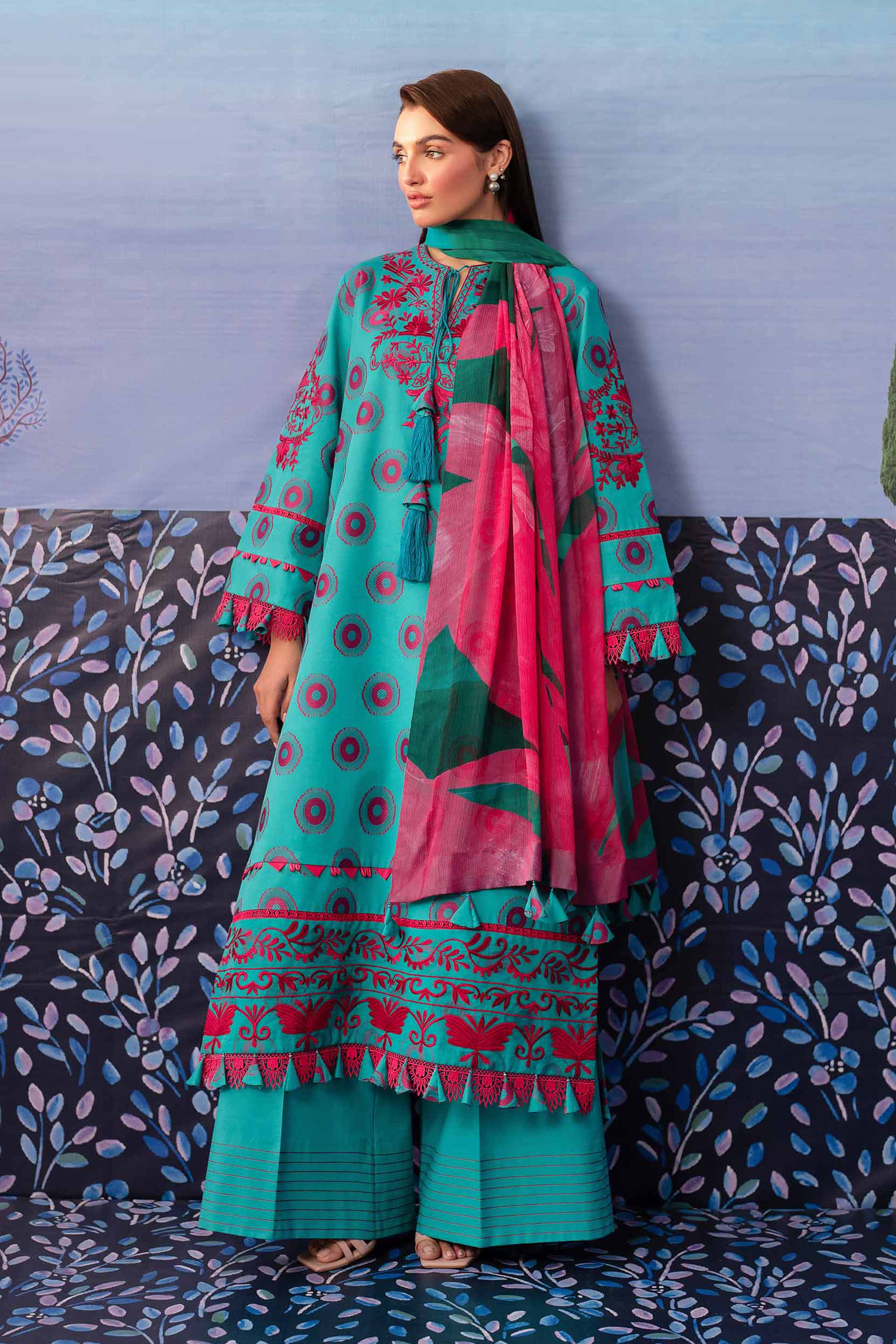 NishatUK - Pink & Teal Embroidered  Jacquard 3-piece unstitched Suit