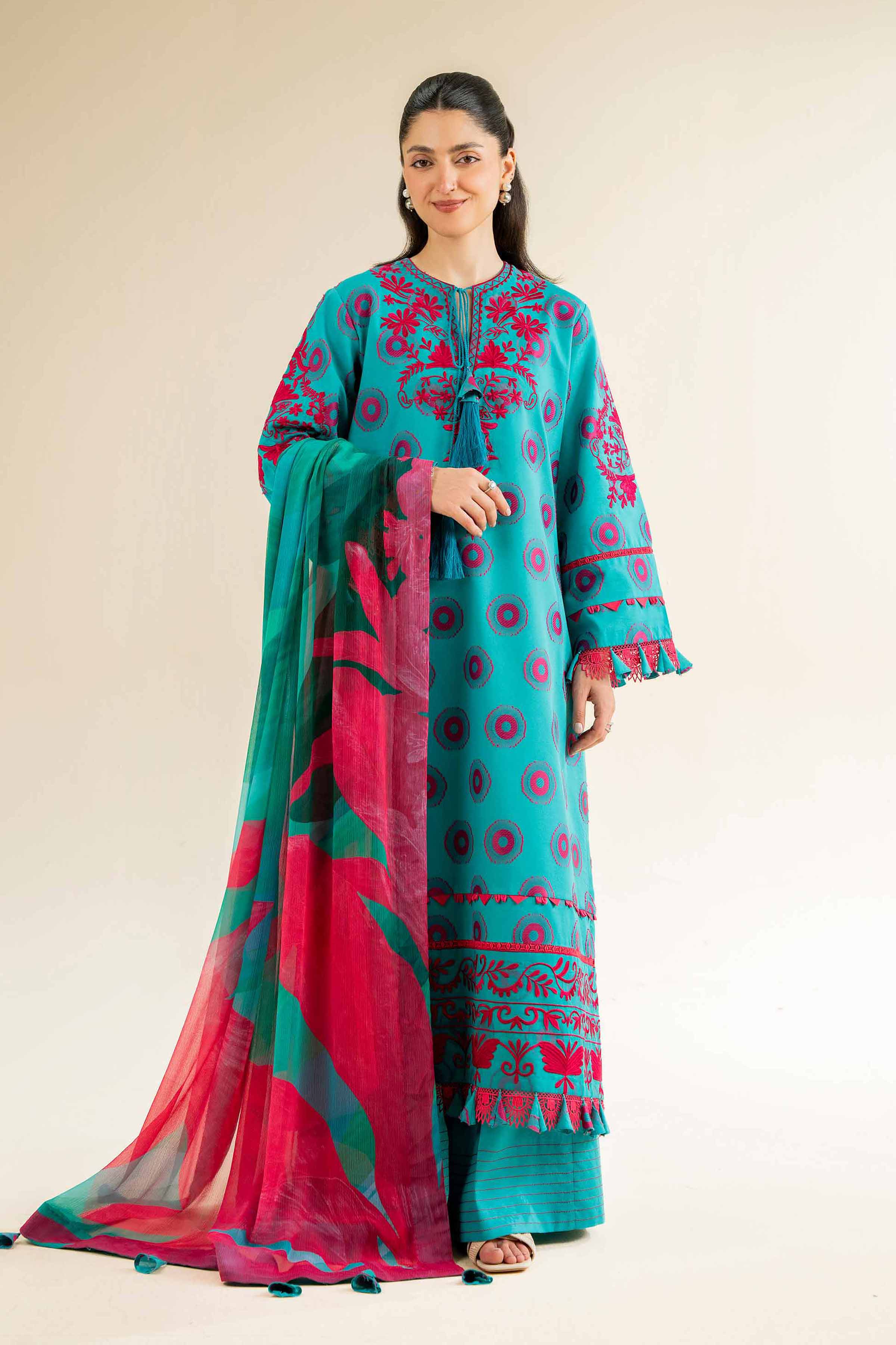 NishatUK - Pink & Teal Embroidered  Jacquard 3-piece unstitched Suit