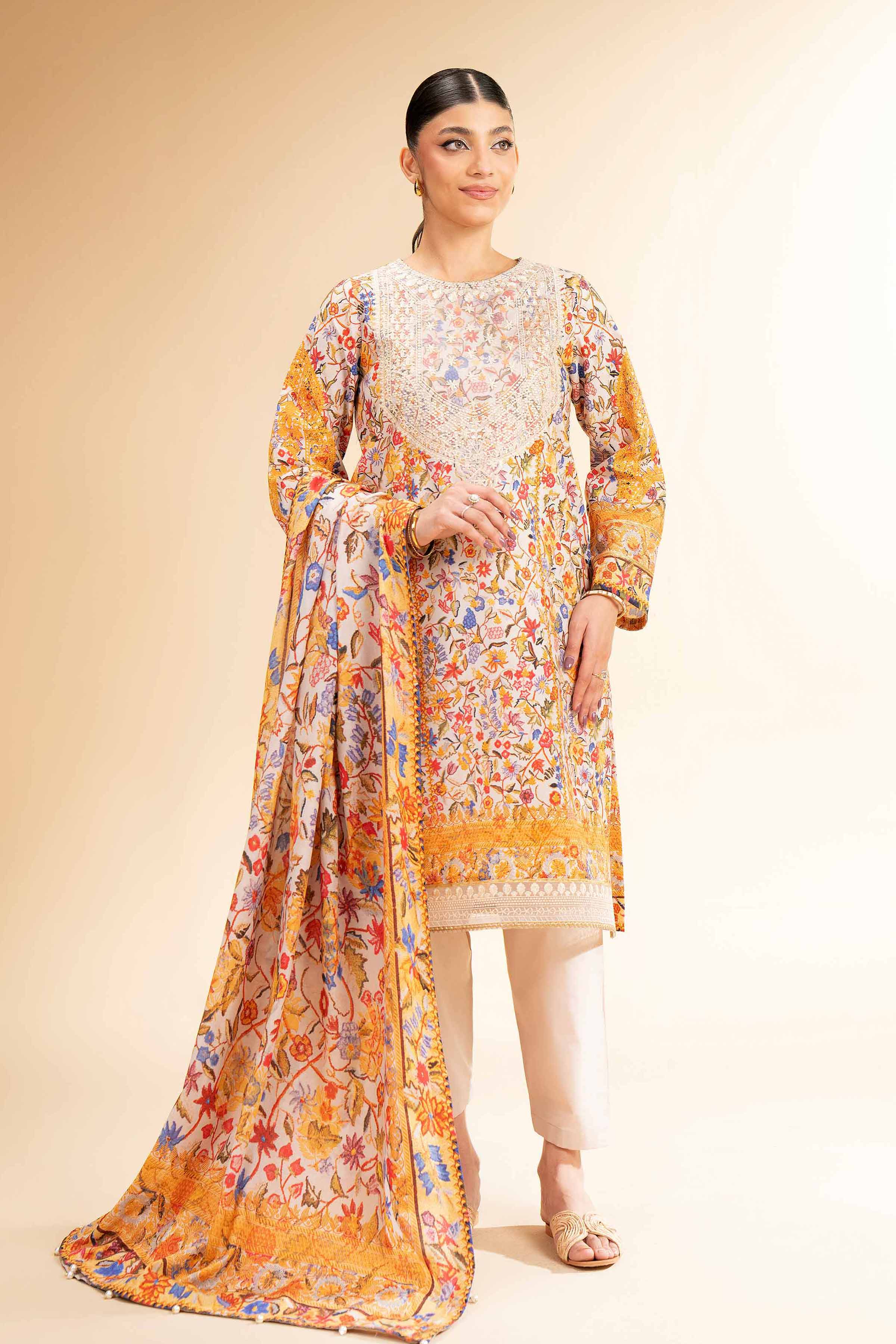 NishatUK - Grey Embroidered  Lawn 3-piece unstitched Suit