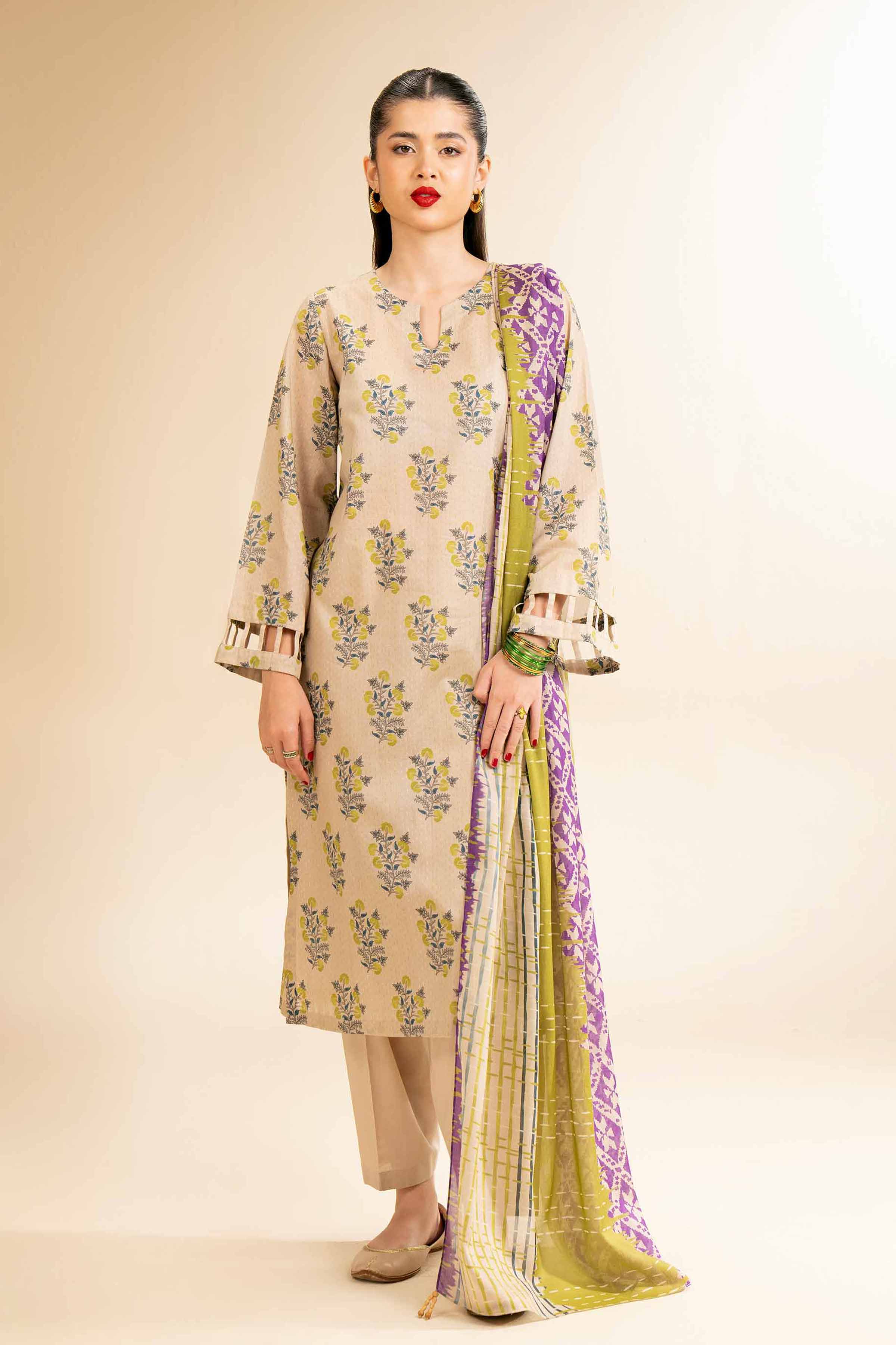 NishatUK - Skin & Brown Printed Lawn 3-piece unstitched Suit