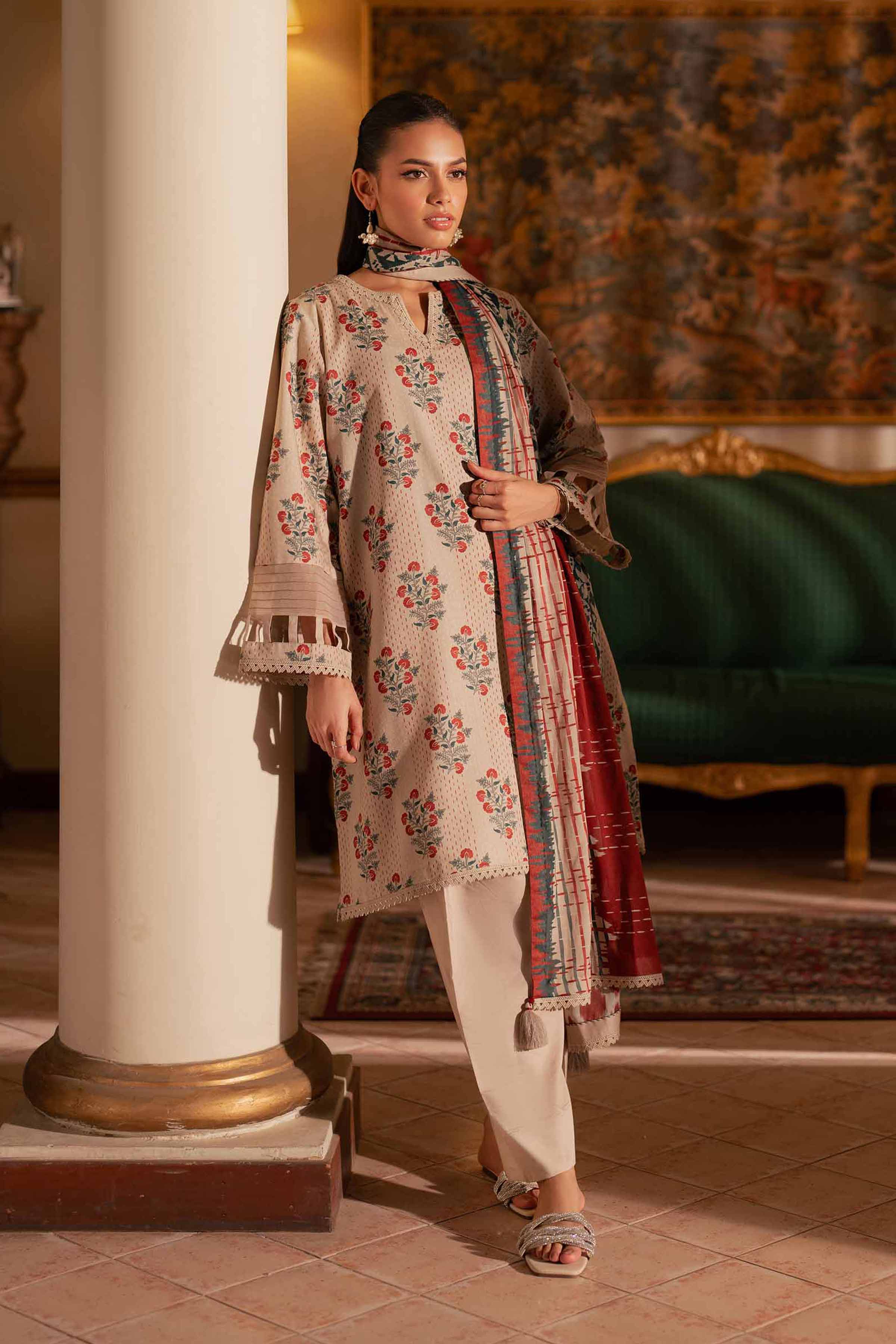 NishatUK - Purple & Beige Printed Lawn 3-piece unstitched Suit